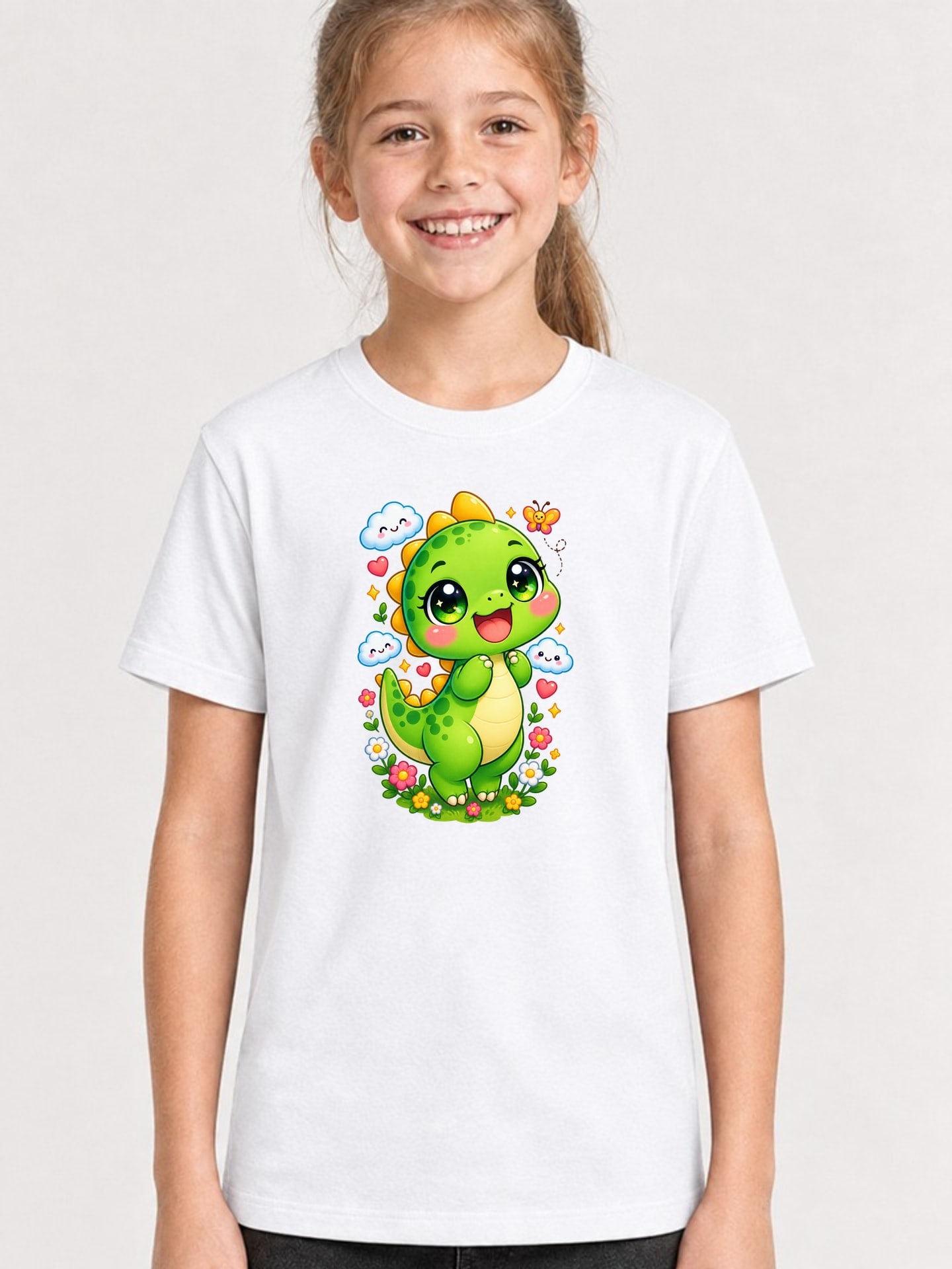 Koszulka z dinozaurem dla dziewczynki biała słodki kawaii z chmurkami, zdjęcie 1