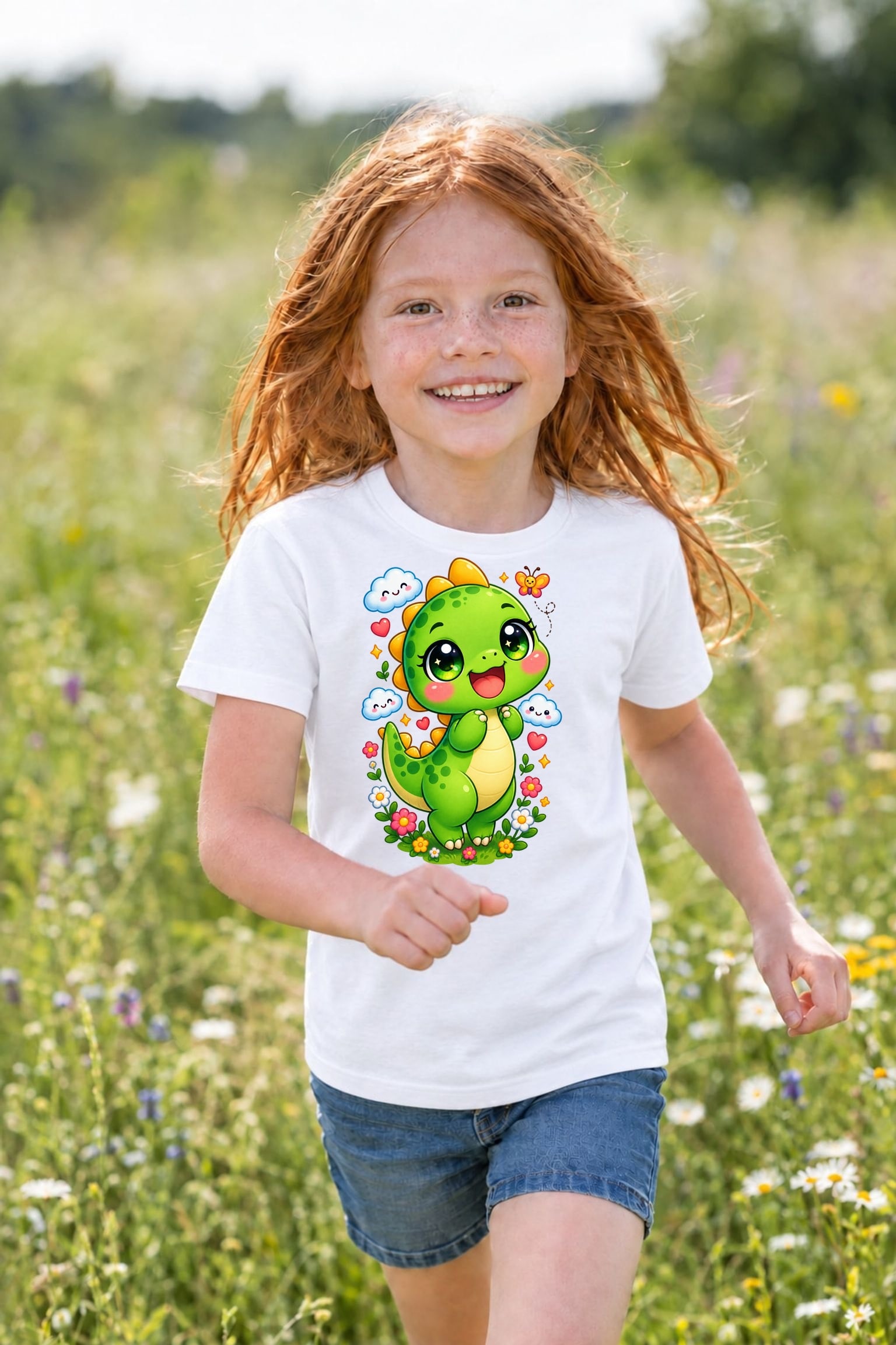 Koszulka z dinozaurem dla dziewczynki biała słodki kawaii z chmurkami, zdjęcie 3
