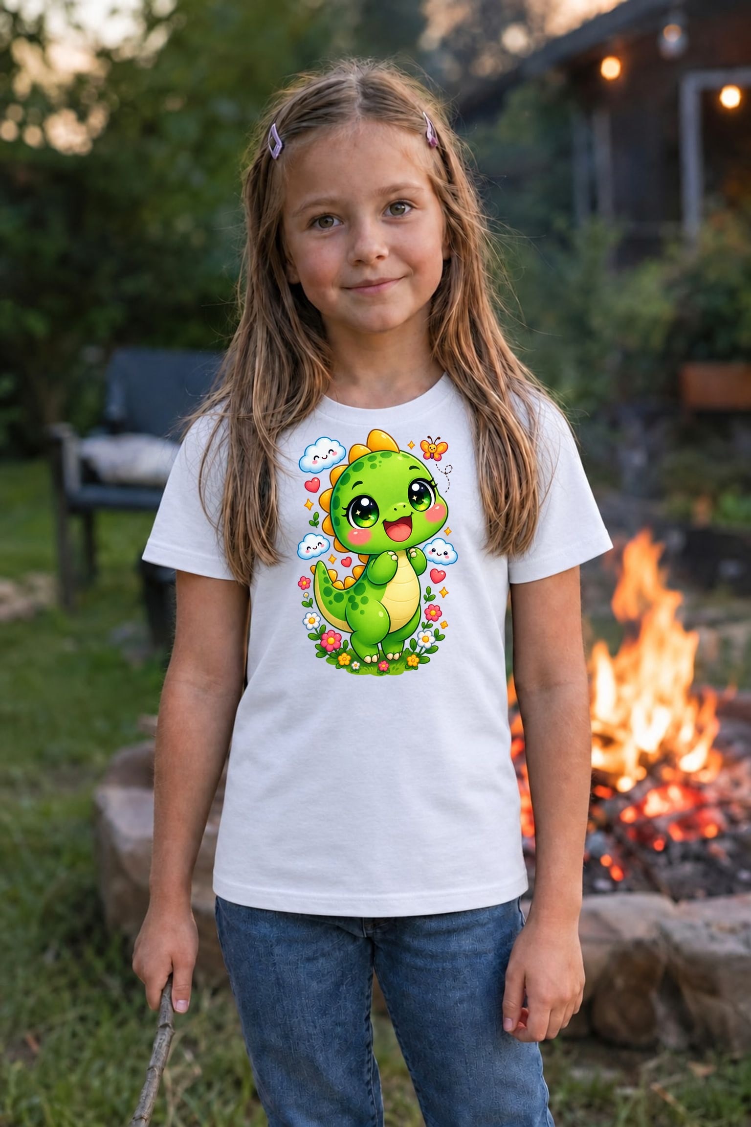 Koszulka z dinozaurem dla dziewczynki biała słodki kawaii z chmurkami, zdjęcie 4