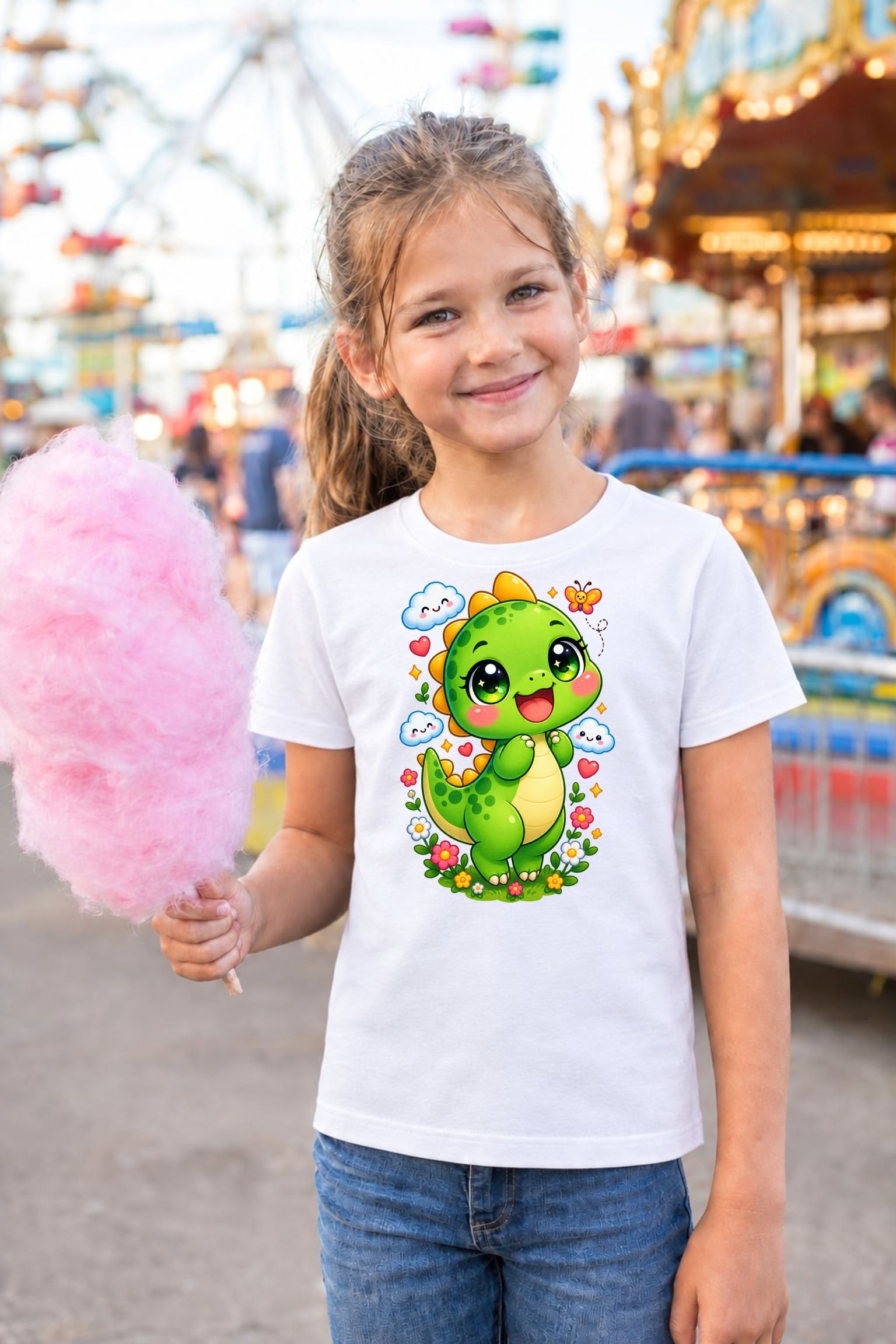 Koszulka z dinozaurem dla dziewczynki biała słodki kawaii z chmurkami, zdjęcie 8