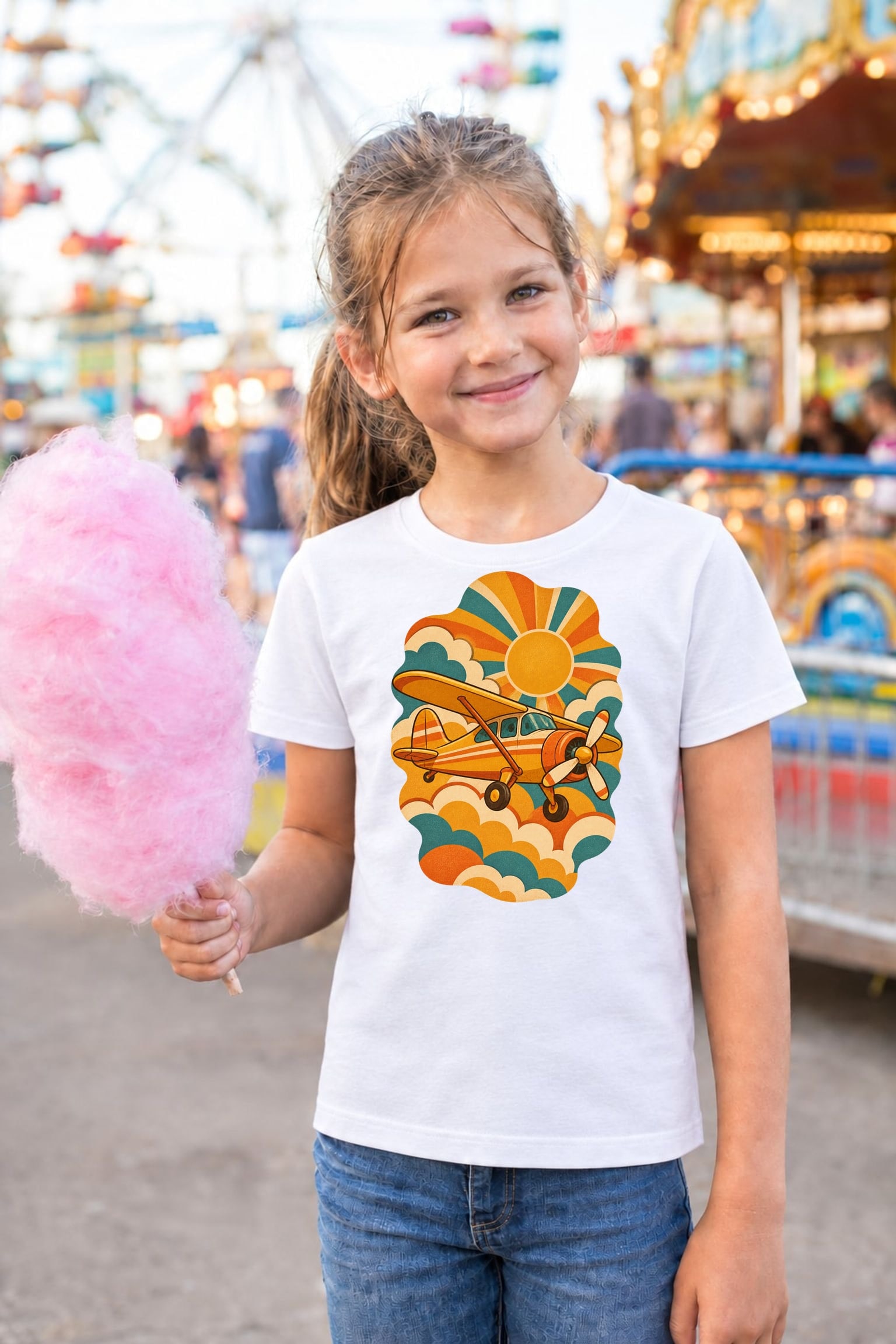 Koszulka dla dziewczynki z samolotem biała retro styl lat 70, zdjęcie 8