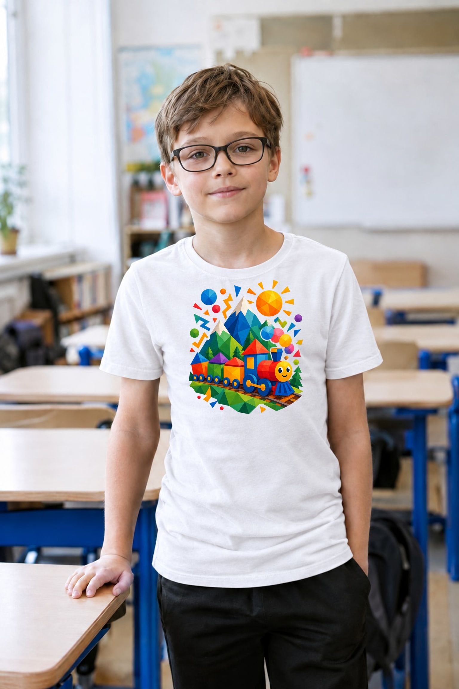 Koszulka dla chłopca z pociągiem biała geometryczne kształty dla dzieci, zdjęcie 4