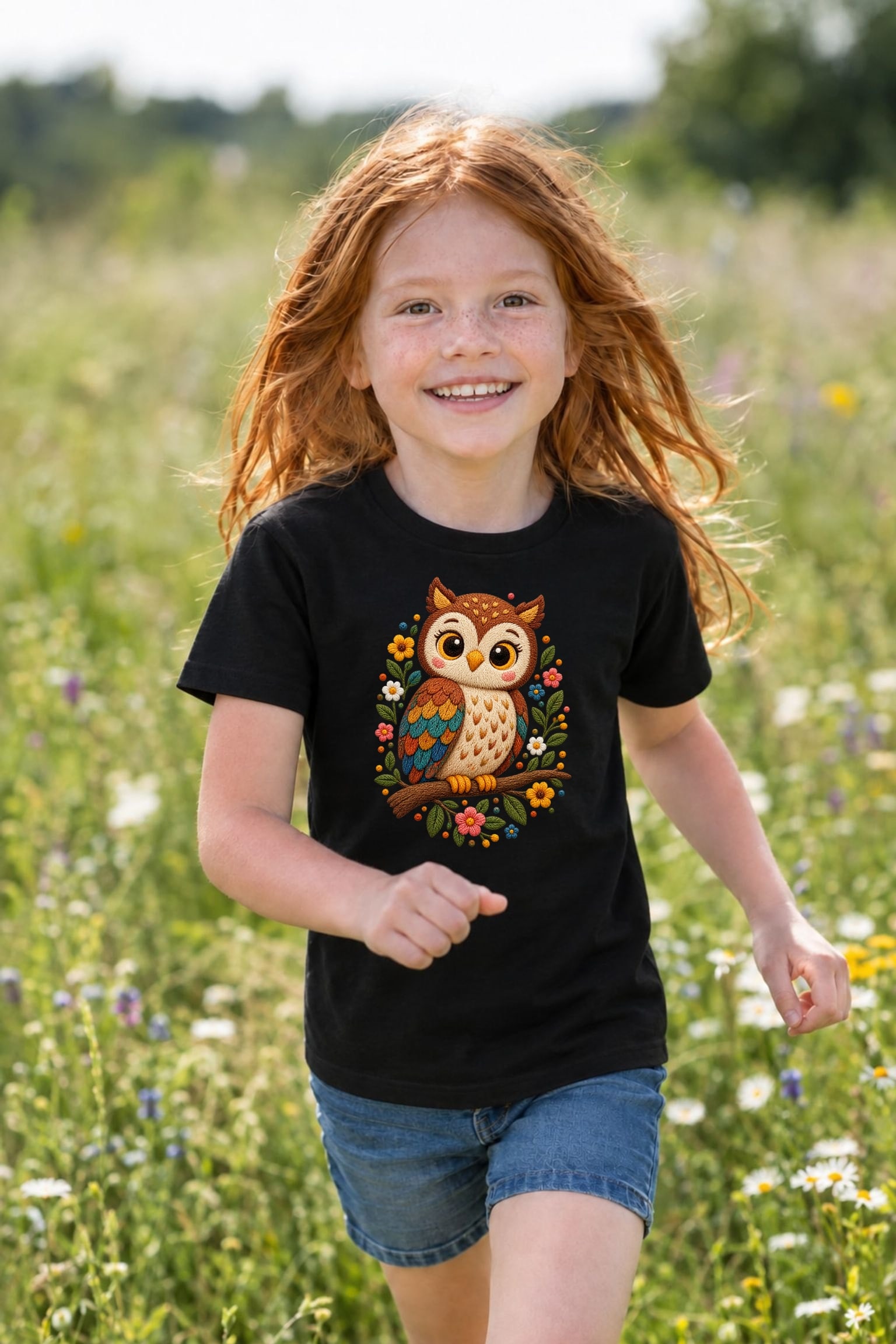 Koszulka dla dziewczynki z sową czarna haftowana tekstura dla dzieci, zdjęcie 5