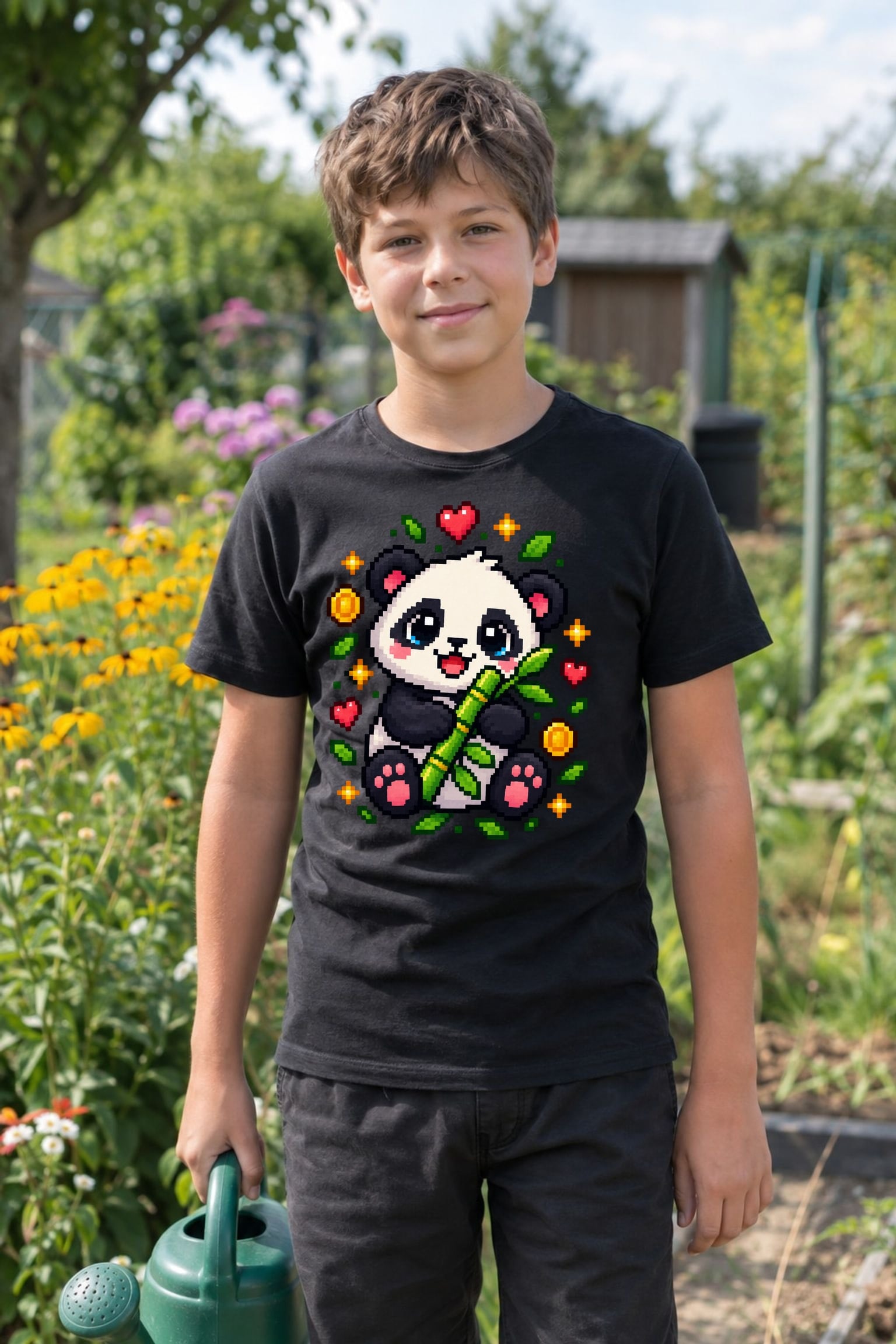 Koszulka z pandą dla chłopca czarna pixel art kwadratowe kształty prezent, zdjęcie 3