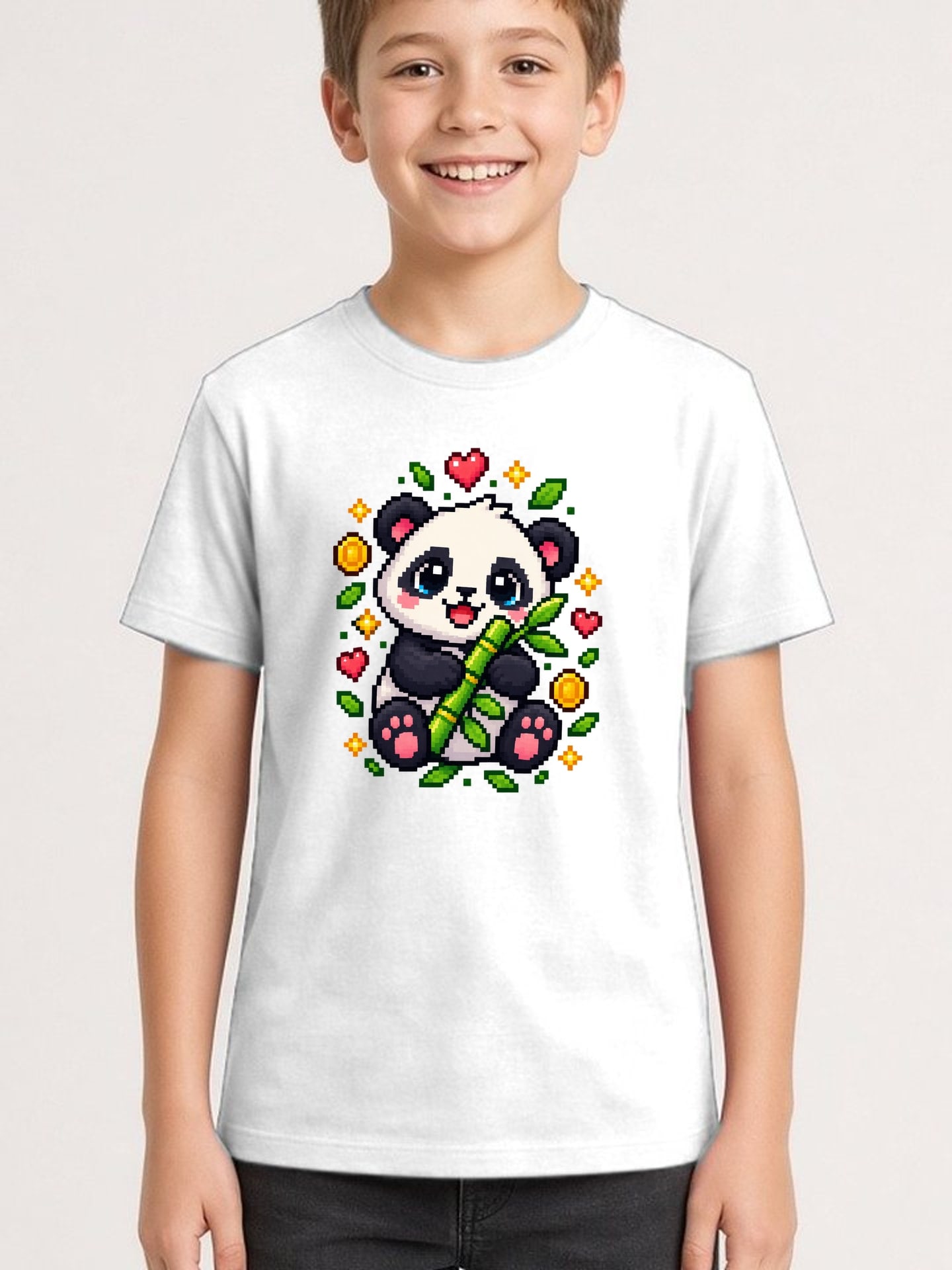 Koszulka z pandą dla chłopca biała pixel art kwadratowe kształty prezent