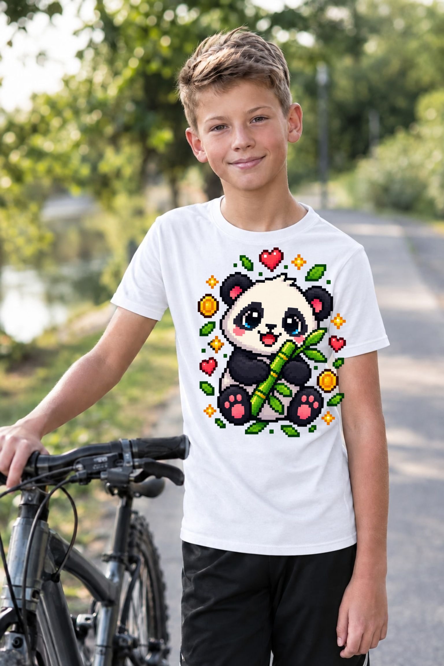 Koszulka z pandą dla chłopca biała pixel art kwadratowe kształty prezent, zdjęcie 3