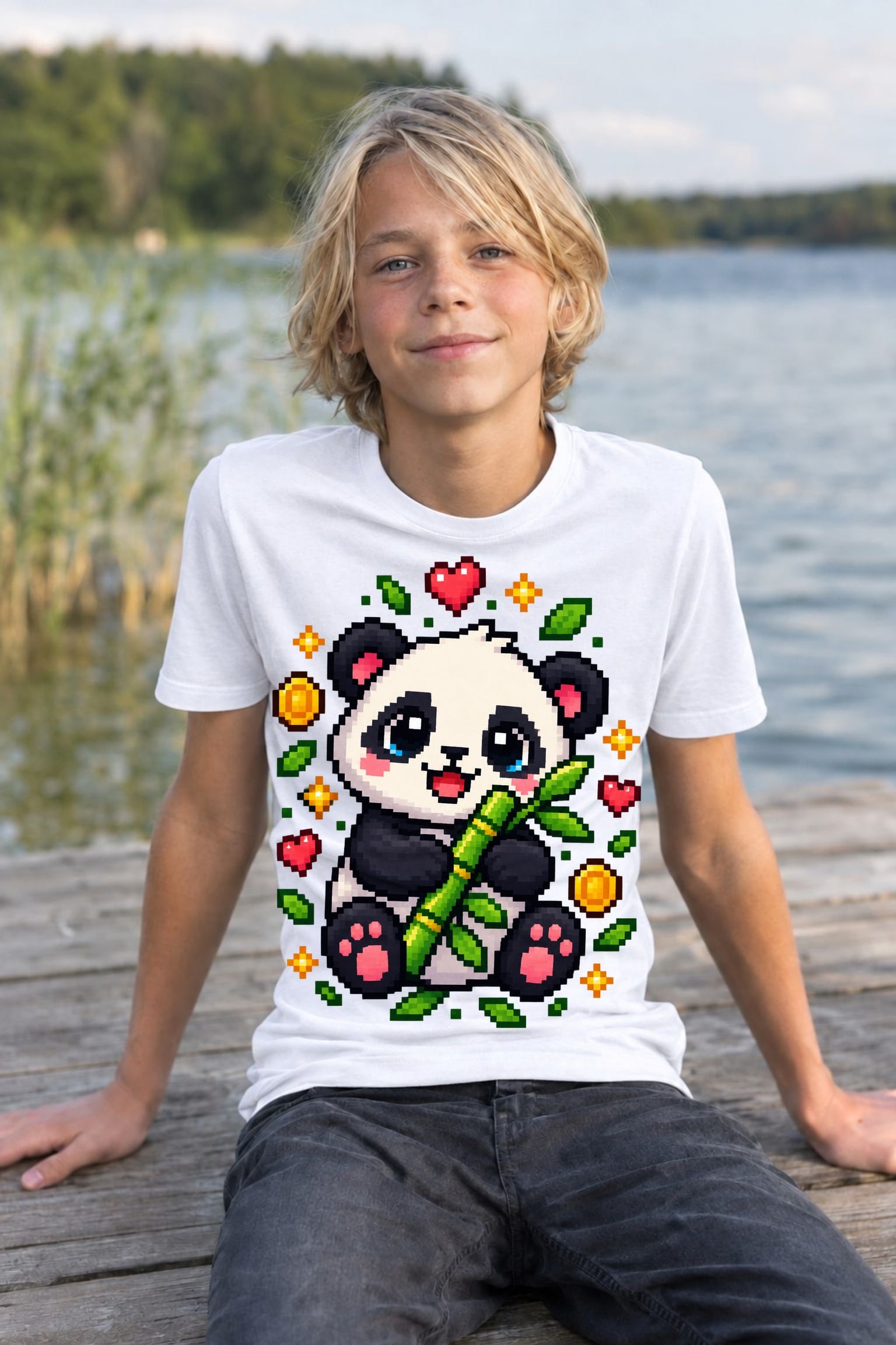 Koszulka z pandą dla chłopca biała pixel art kwadratowe kształty prezent, zdjęcie 6