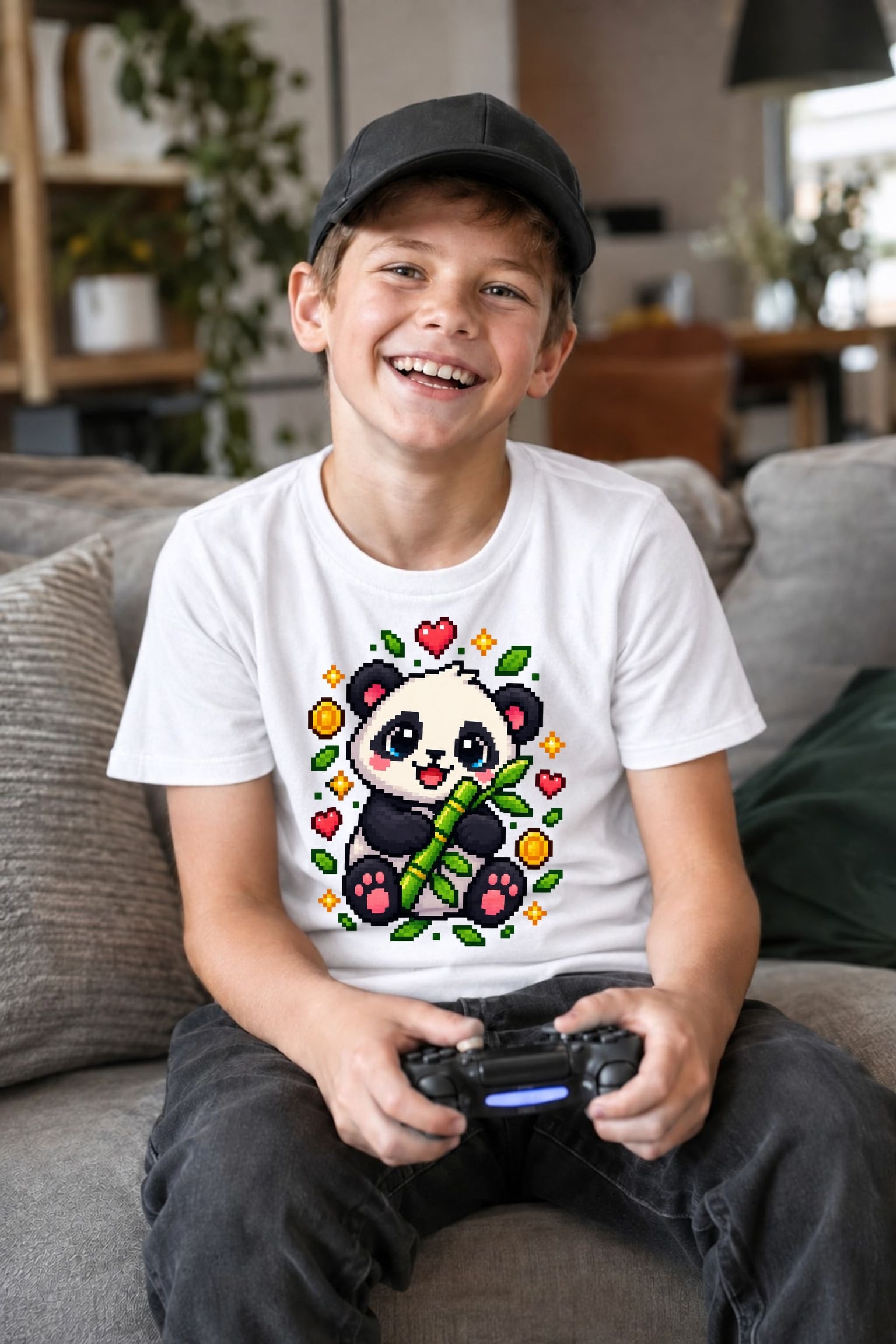 Koszulka z pandą dla chłopca biała pixel art kwadratowe kształty prezent, zdjęcie 7