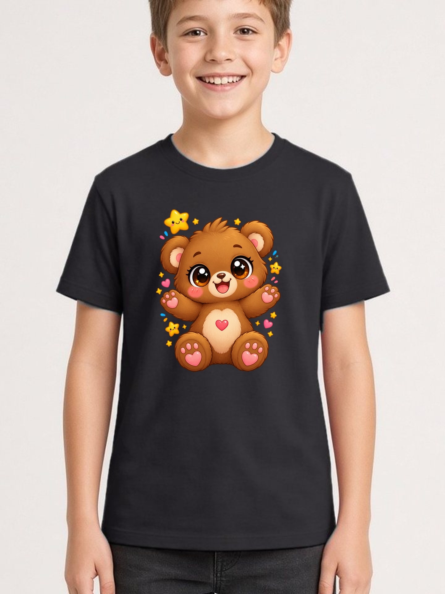 Koszulka z misiem dla chłopca czarna słodki styl kawaii dla dzieci