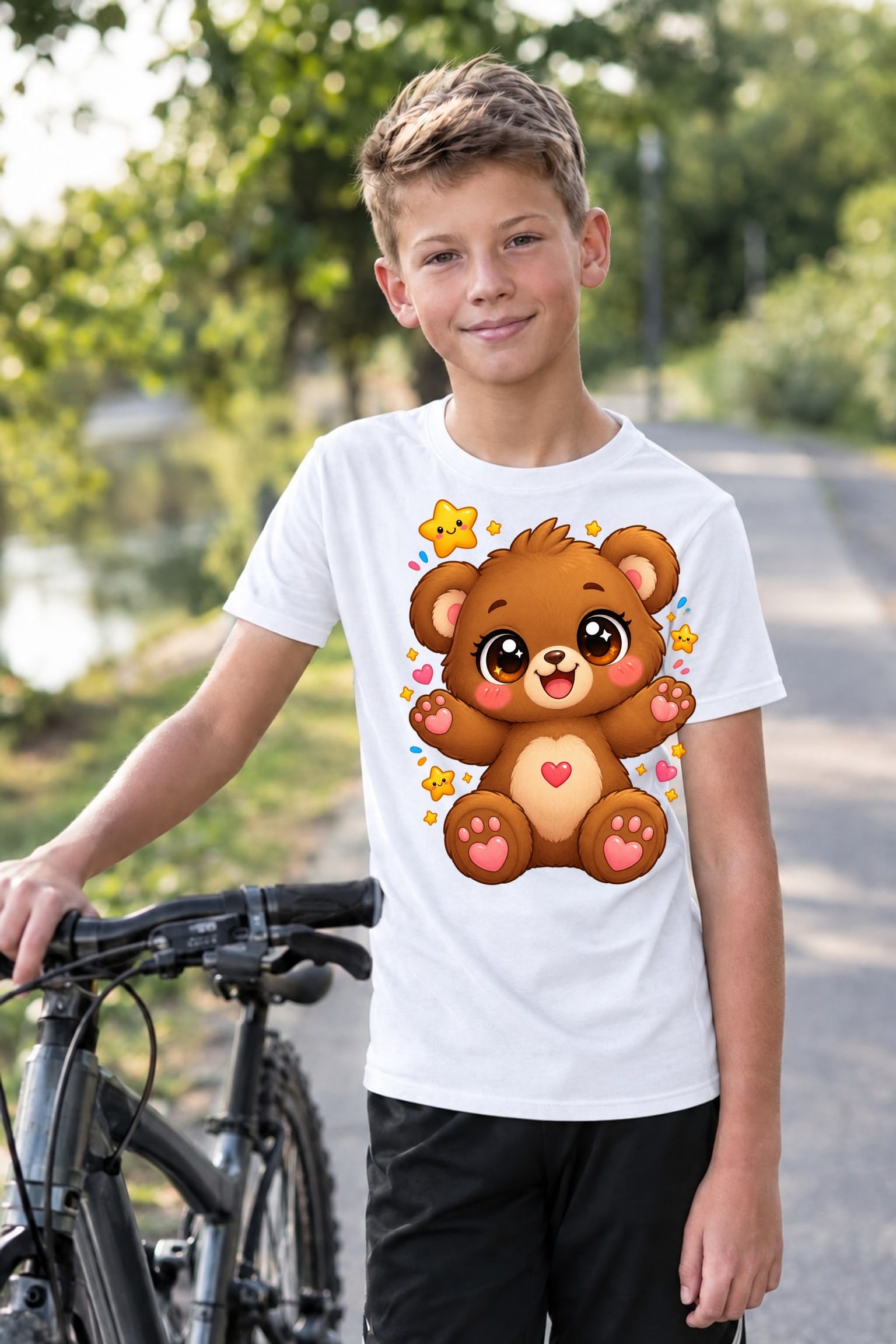 Koszulka z misiem dla chłopca biała słodki styl kawaii dla dzieci, zdjęcie 4