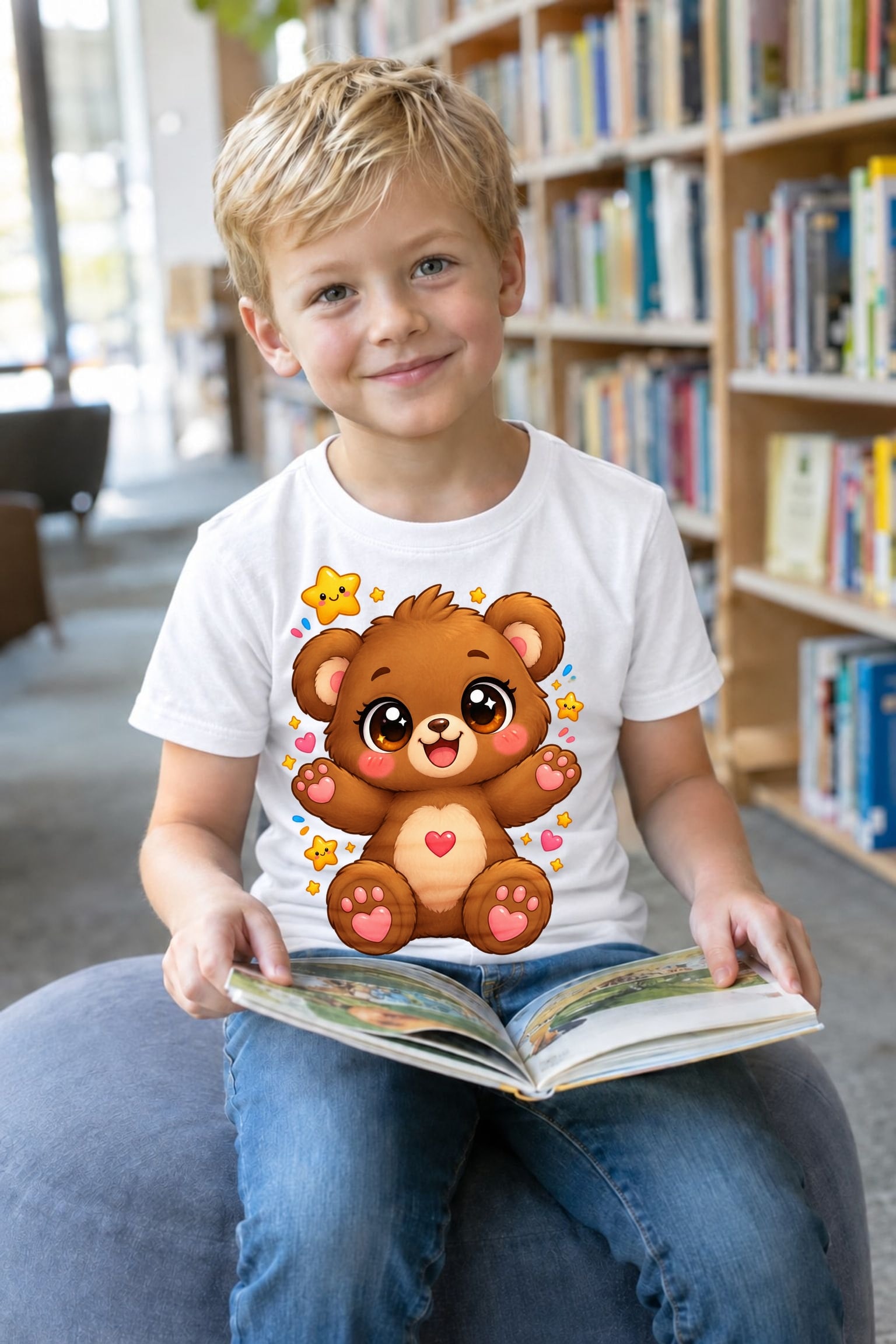 Koszulka z misiem dla chłopca biała słodki styl kawaii dla dzieci, zdjęcie 5
