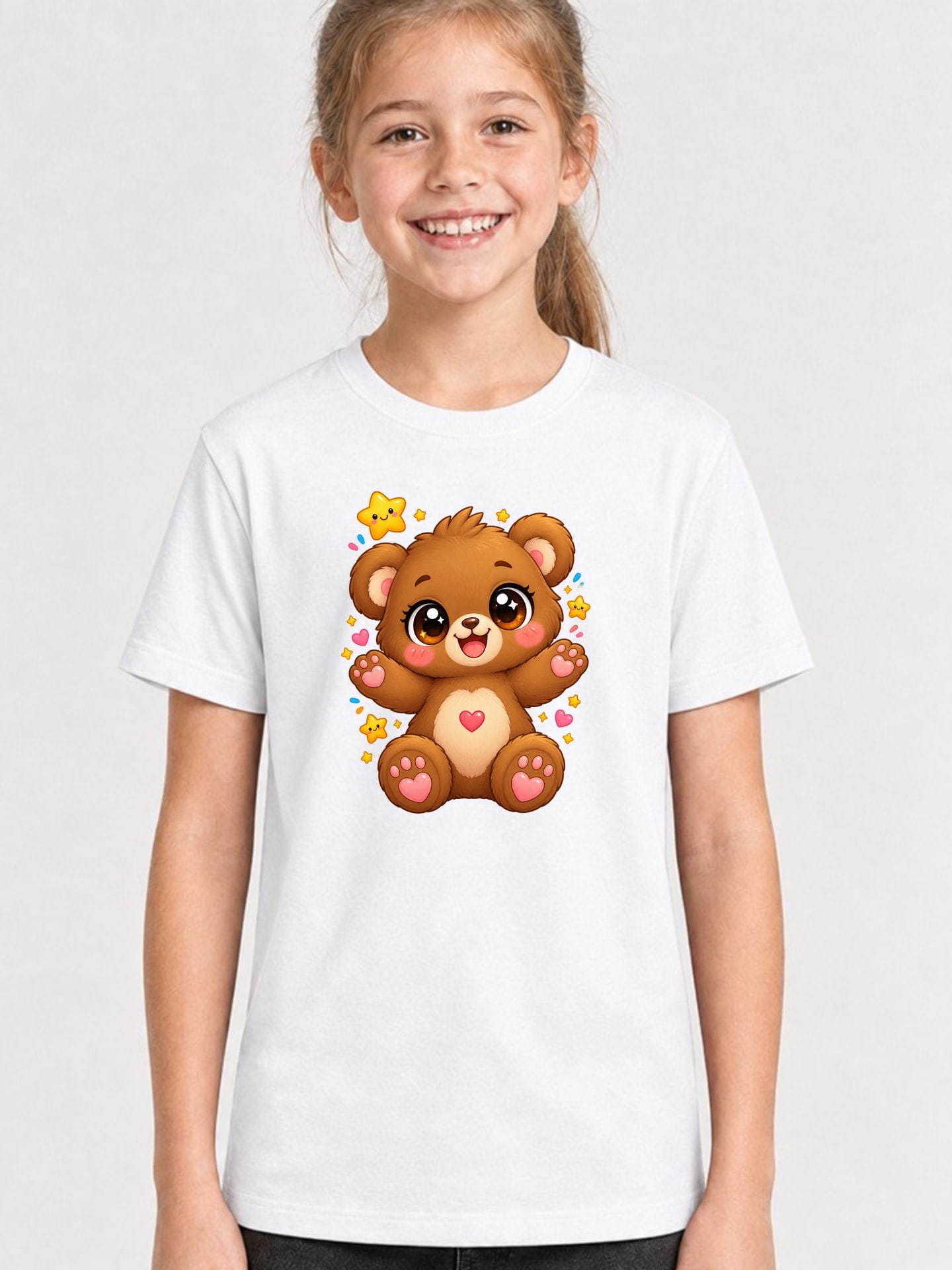 Koszulka z misiem dla dziewczynki biała słodki styl kawaii prezent, zdjęcie 1