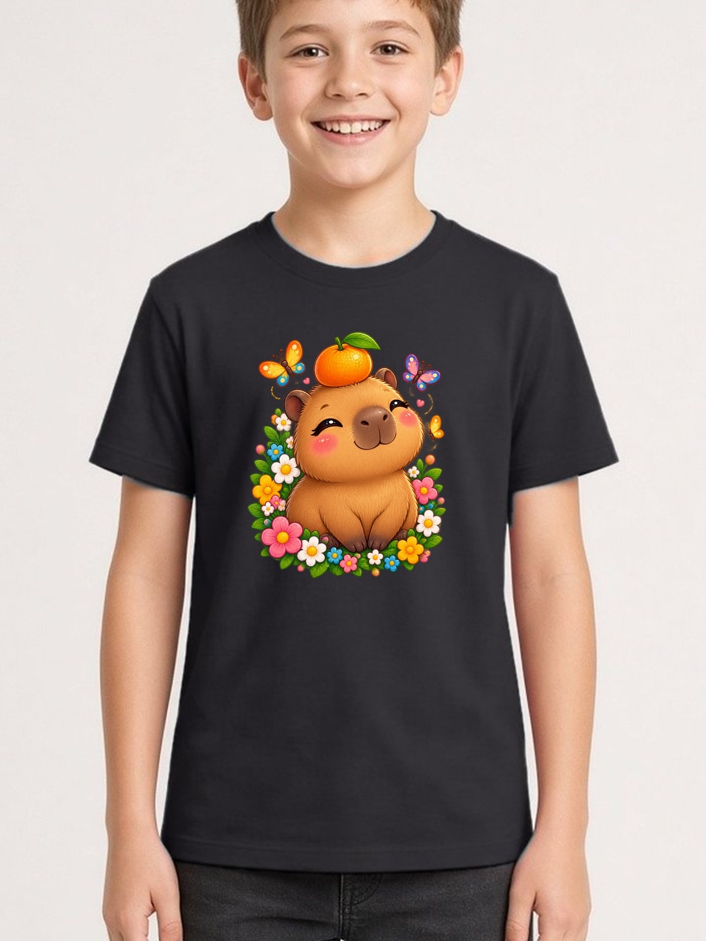 Koszulka z kapibarą dla chłopca czarna słodki styl kawaii prezent