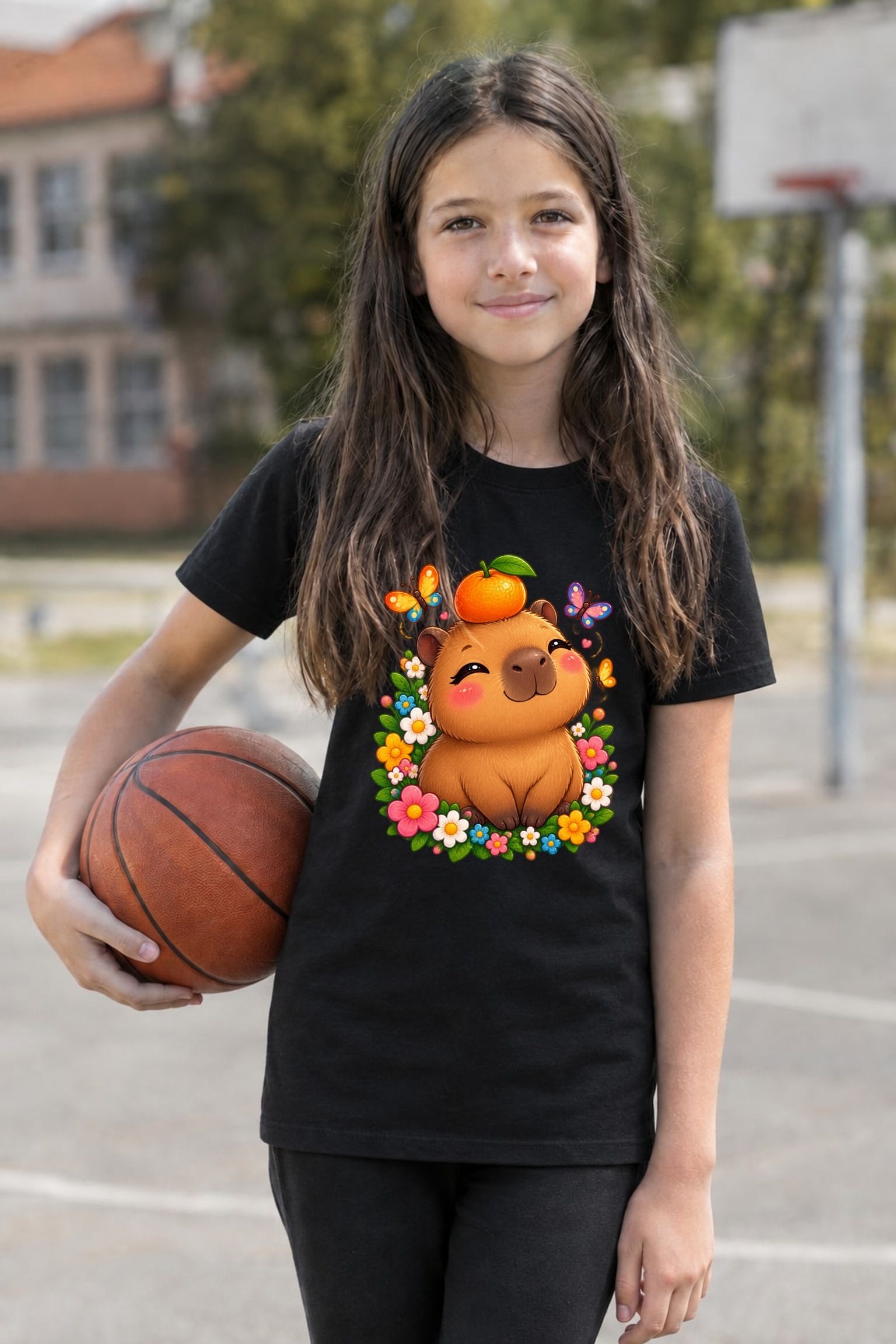 Koszulka z kapibarą dla dziewczynki czarna słodki styl kawaii prezent, zdjęcie 3