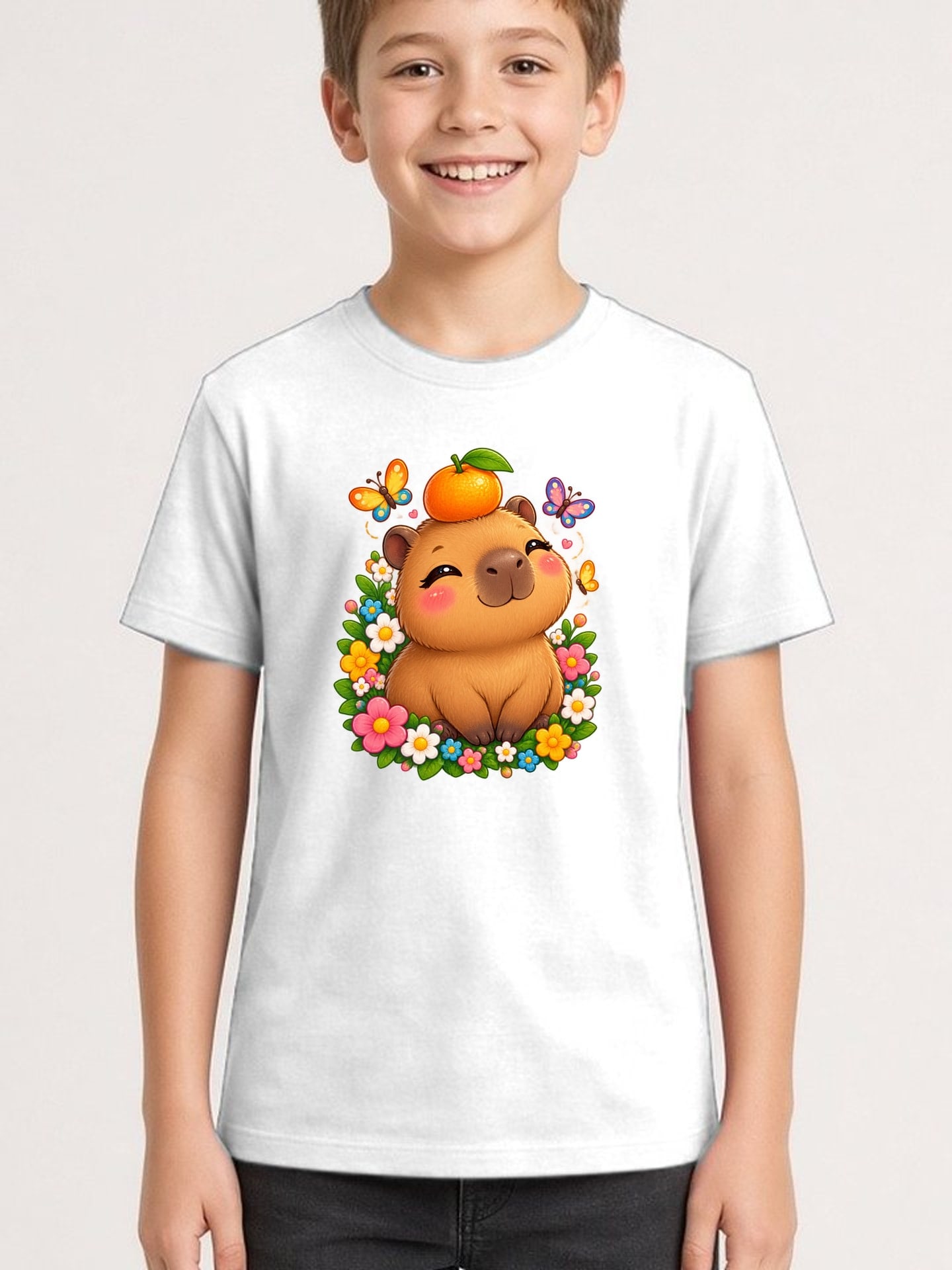 Koszulka z kapibarą dla chłopca biała słodki styl kawaii dla dzieci