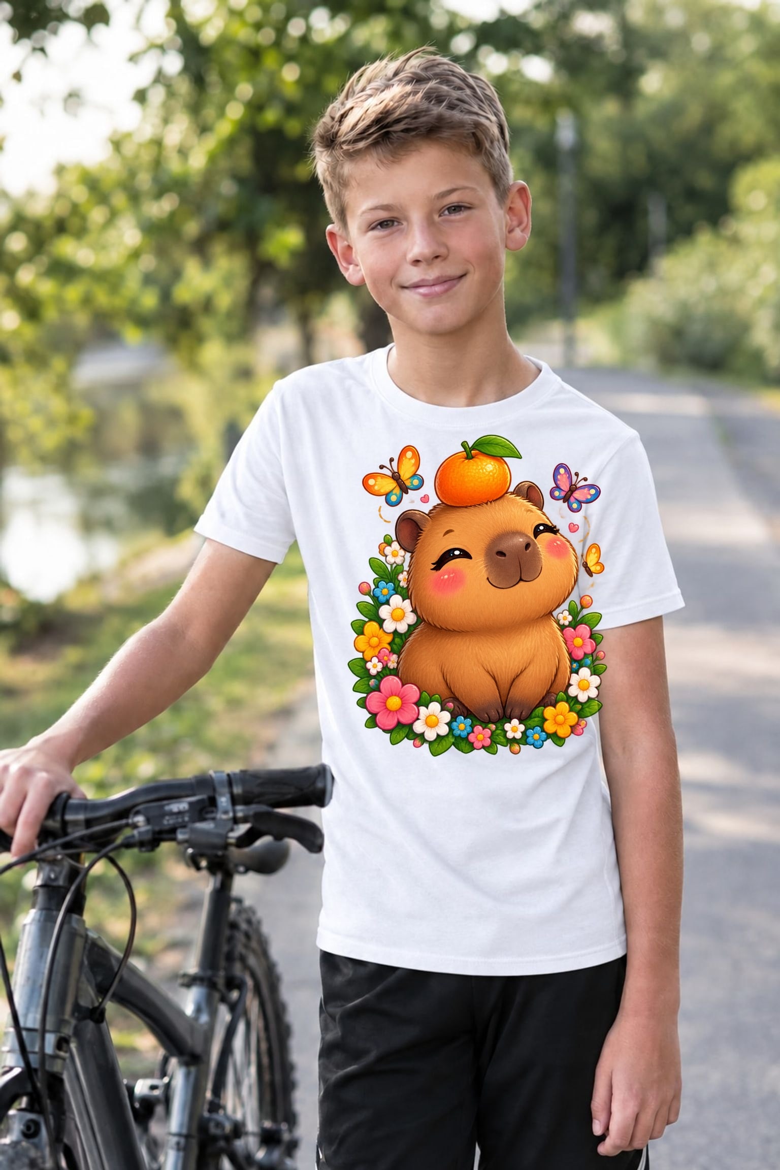 Koszulka z kapibarą dla chłopca biała słodki styl kawaii dla dzieci, zdjęcie 7