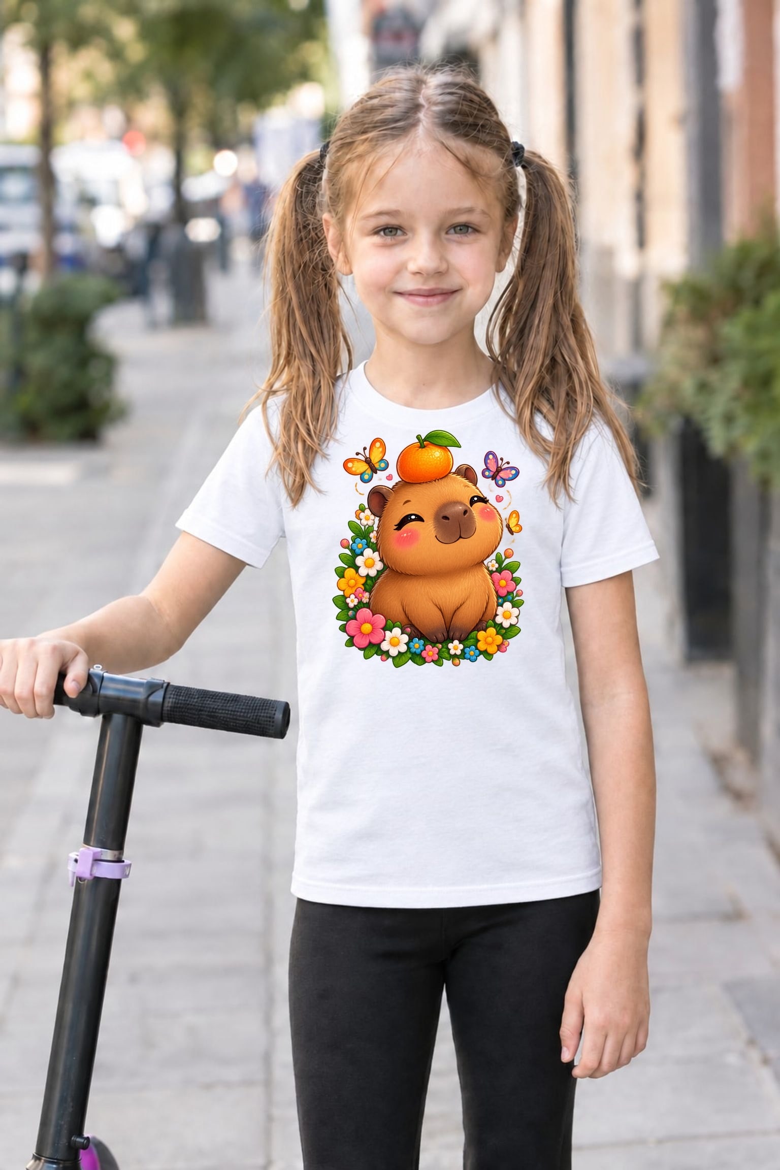 Koszulka z kapibarą dla dziewczynki biała słodki styl kawaii dla dzieci, zdjęcie 3