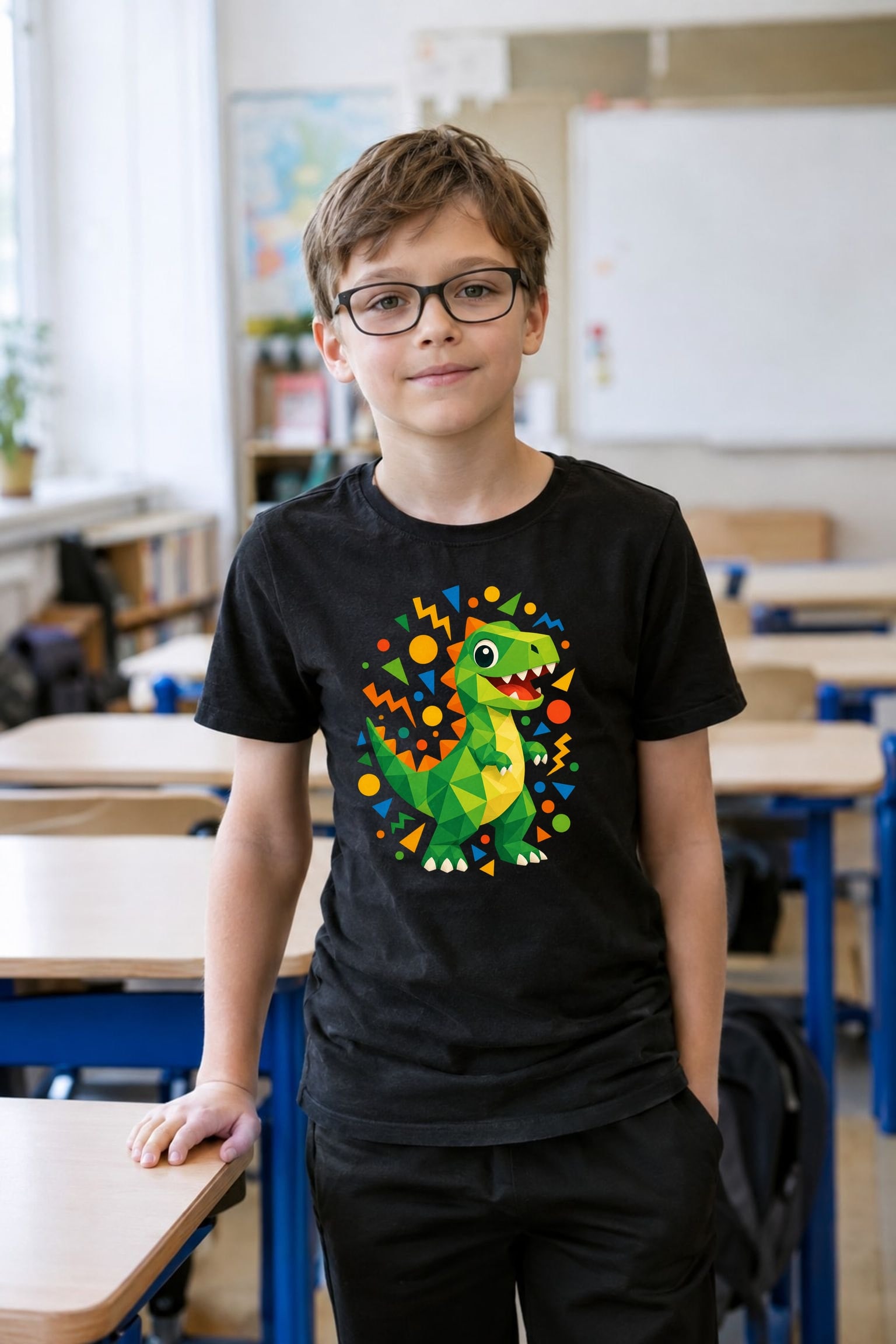Koszulka z dinozaurem dla chłopca czarna geometryczne kształty konfetti, zdjęcie 3