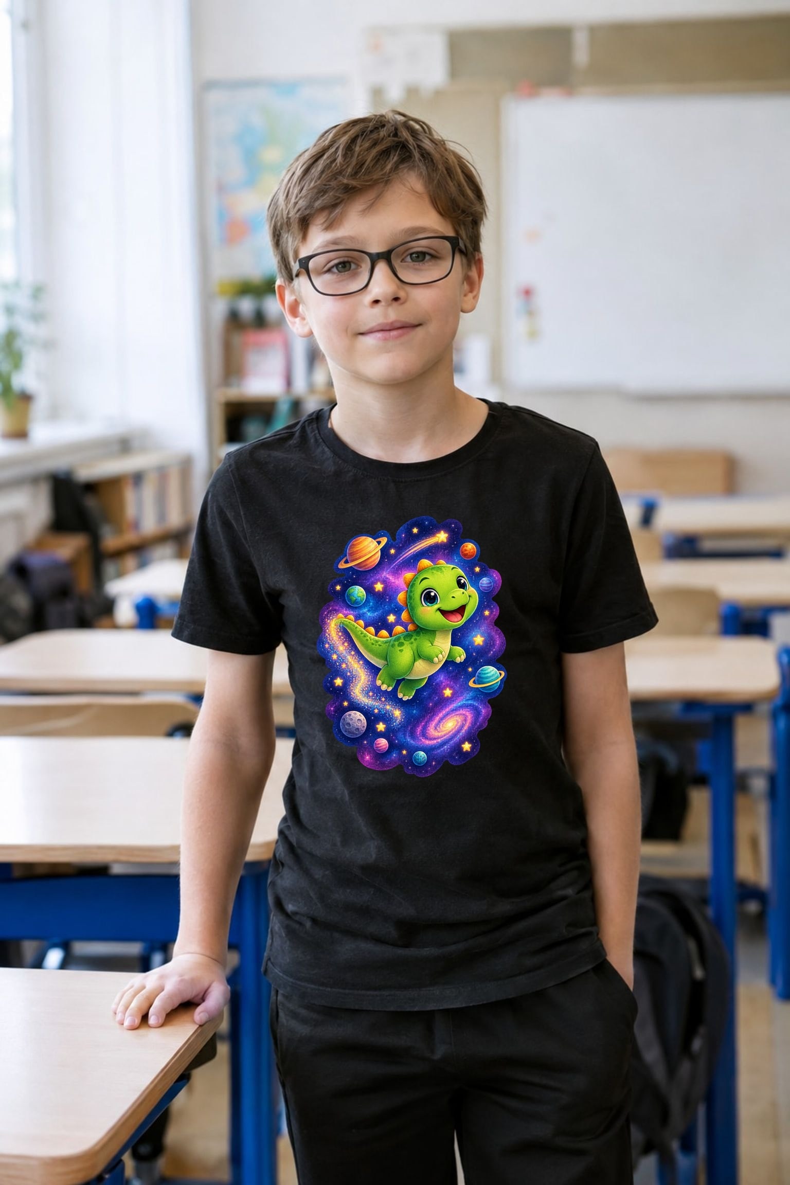 Koszulka z dinozaurem dla dzieci dla chłopca czarna wśród gwiazd, zdjęcie 3