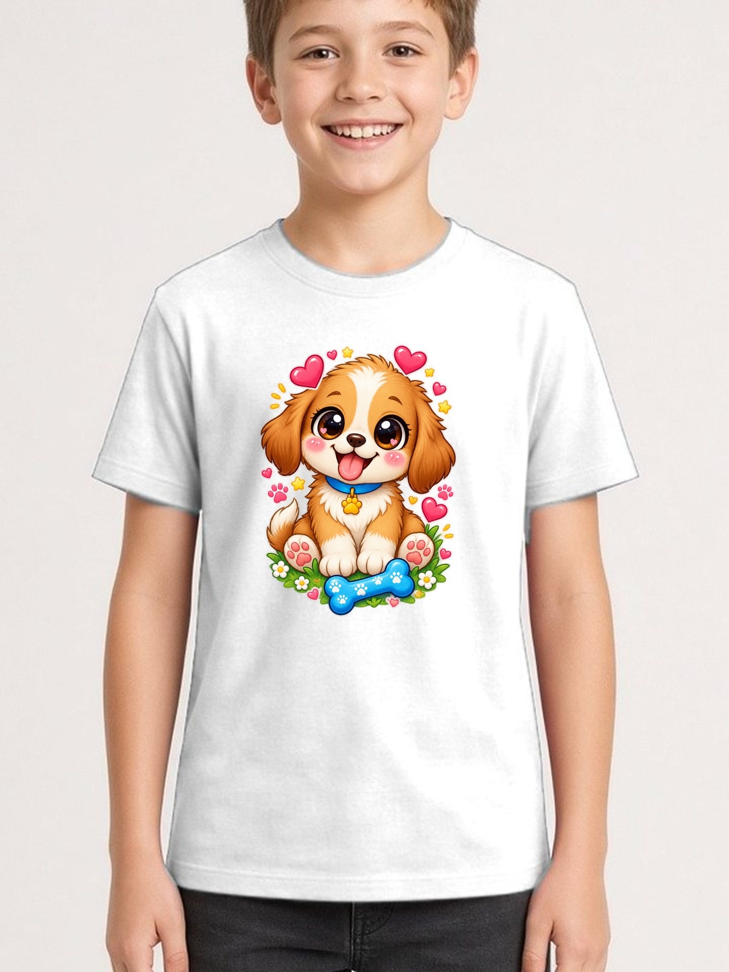 Koszulka z pieskiem dla chłopca biała słodki styl kawaii dla dzieci