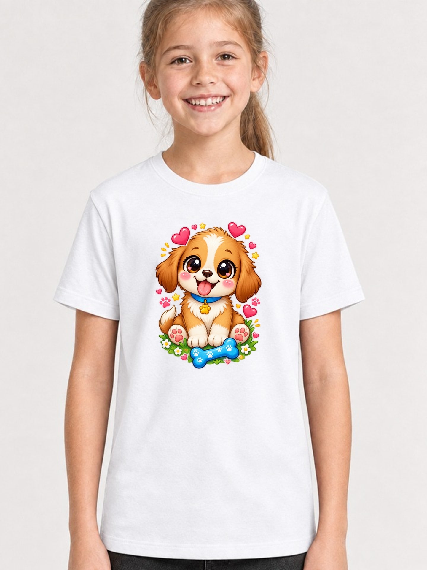 Koszulka z pieskiem dla dziewczynki biała słodki styl kawaii dla dzieci