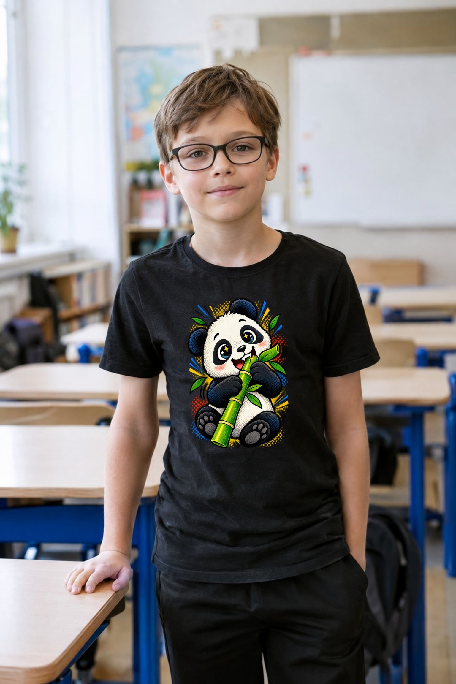 Koszulka z pandą dla chłopca czarna komiksowy efekt rastra prezent, zdjęcie 6