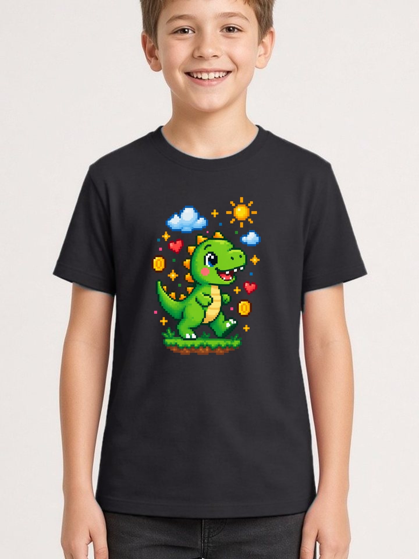Koszulka z dinozaurem dla chłopca czarna pixel art z chmurkami, zdjęcie 1