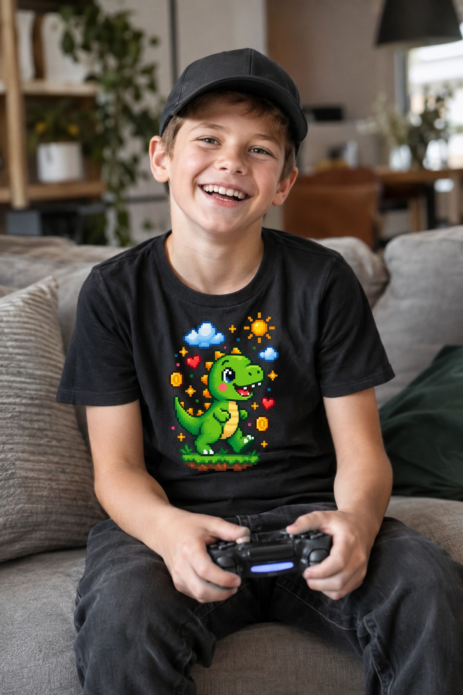Koszulka z dinozaurem dla chłopca czarna pixel art z chmurkami, zdjęcie 5