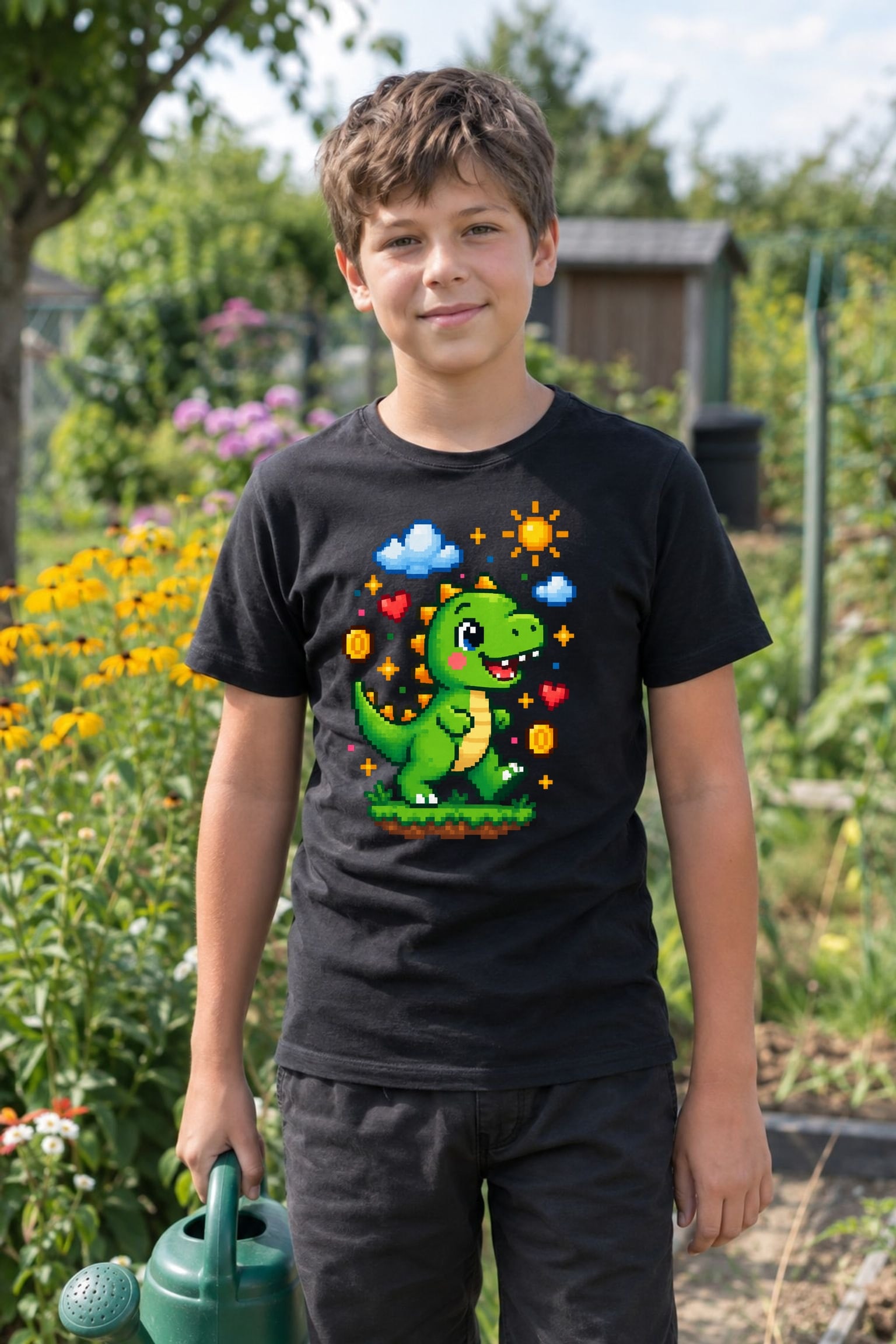 Koszulka z dinozaurem dla chłopca czarna pixel art z chmurkami, zdjęcie 7