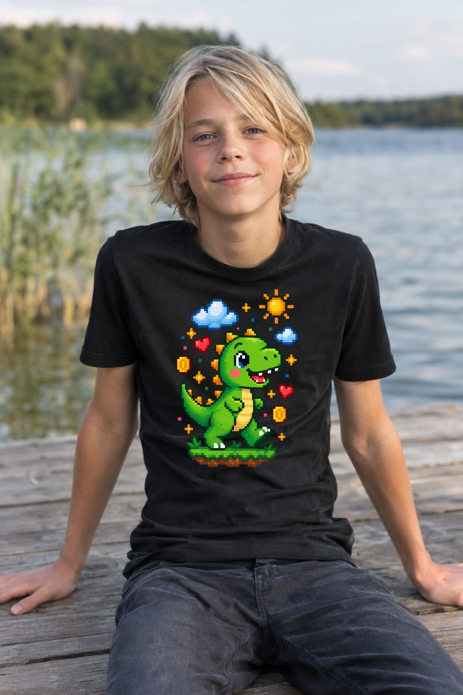 Koszulka z dinozaurem dla chłopca czarna pixel art z chmurkami, zdjęcie 8