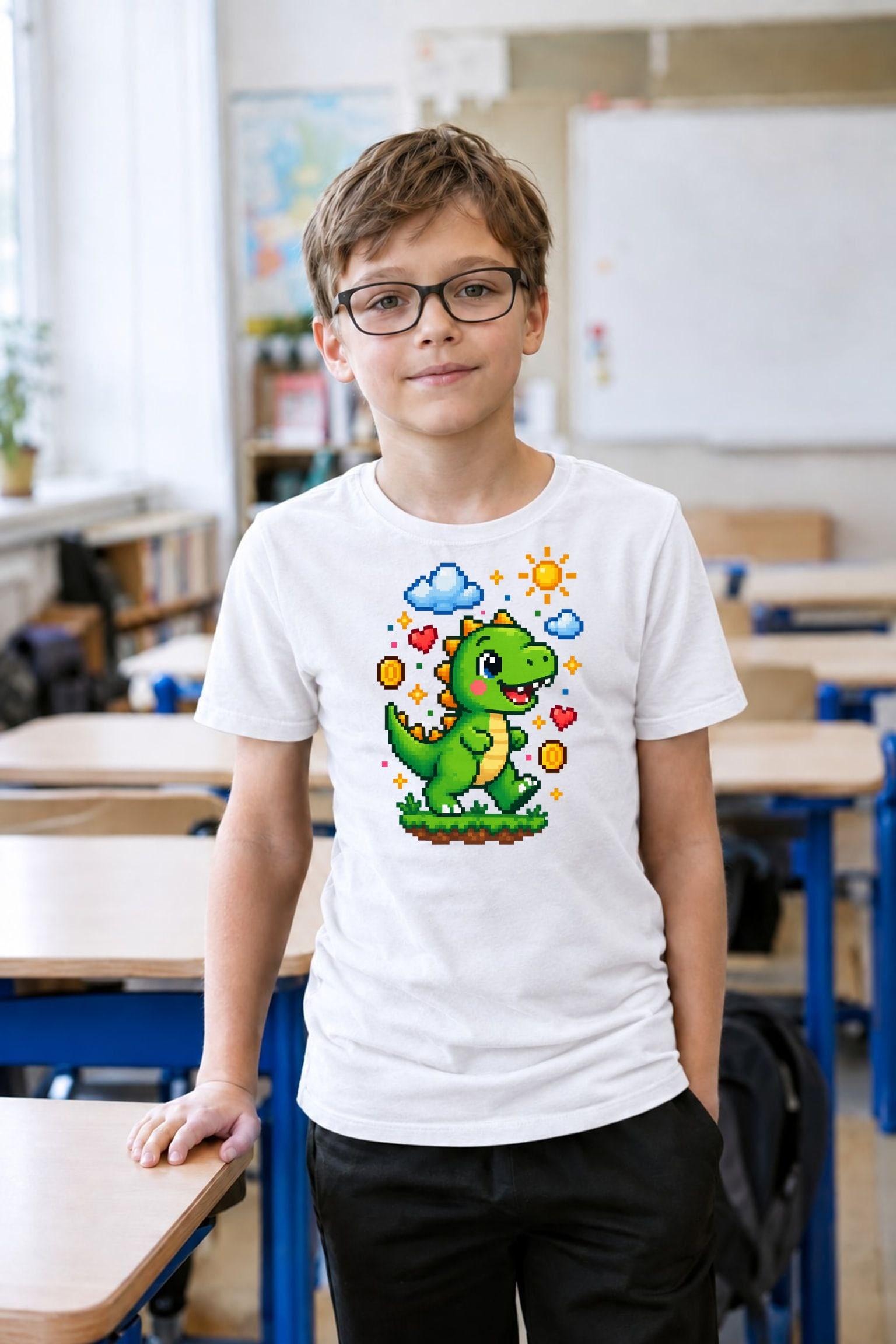 Koszulka z dinozaurem dla chłopca biała pixel art z chmurkami, zdjęcie 3