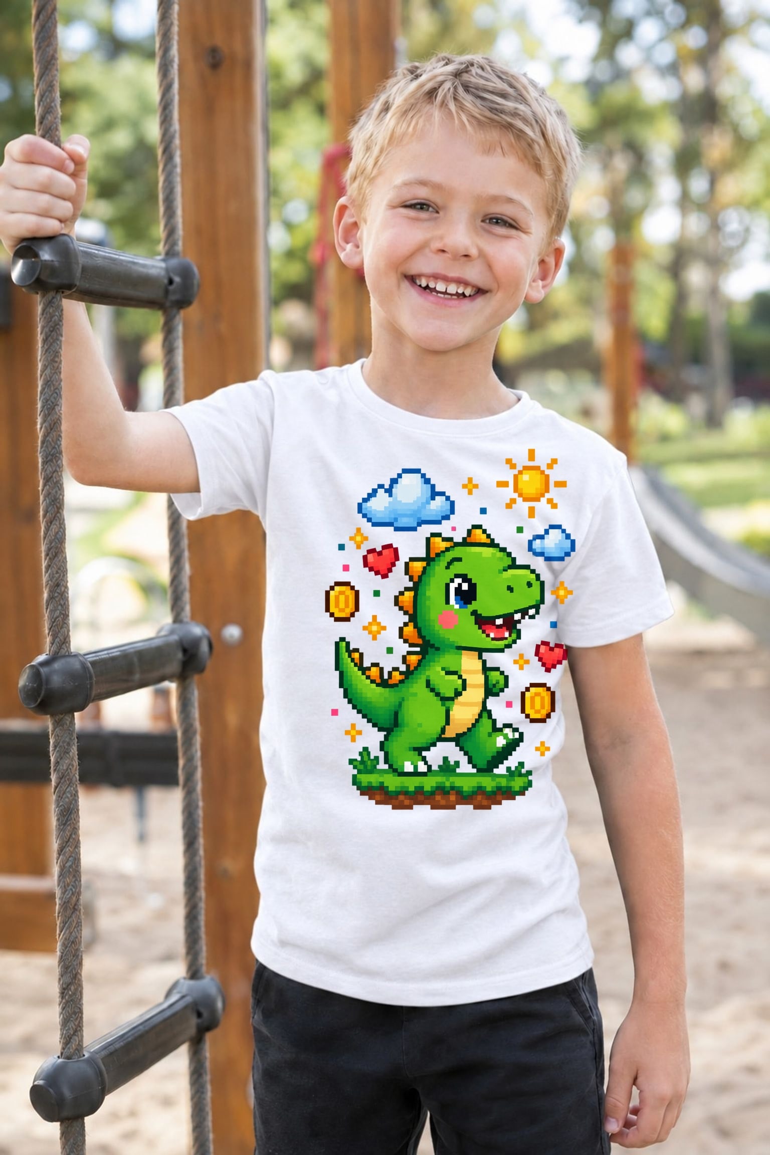Koszulka z dinozaurem dla chłopca biała pixel art z chmurkami, zdjęcie 4