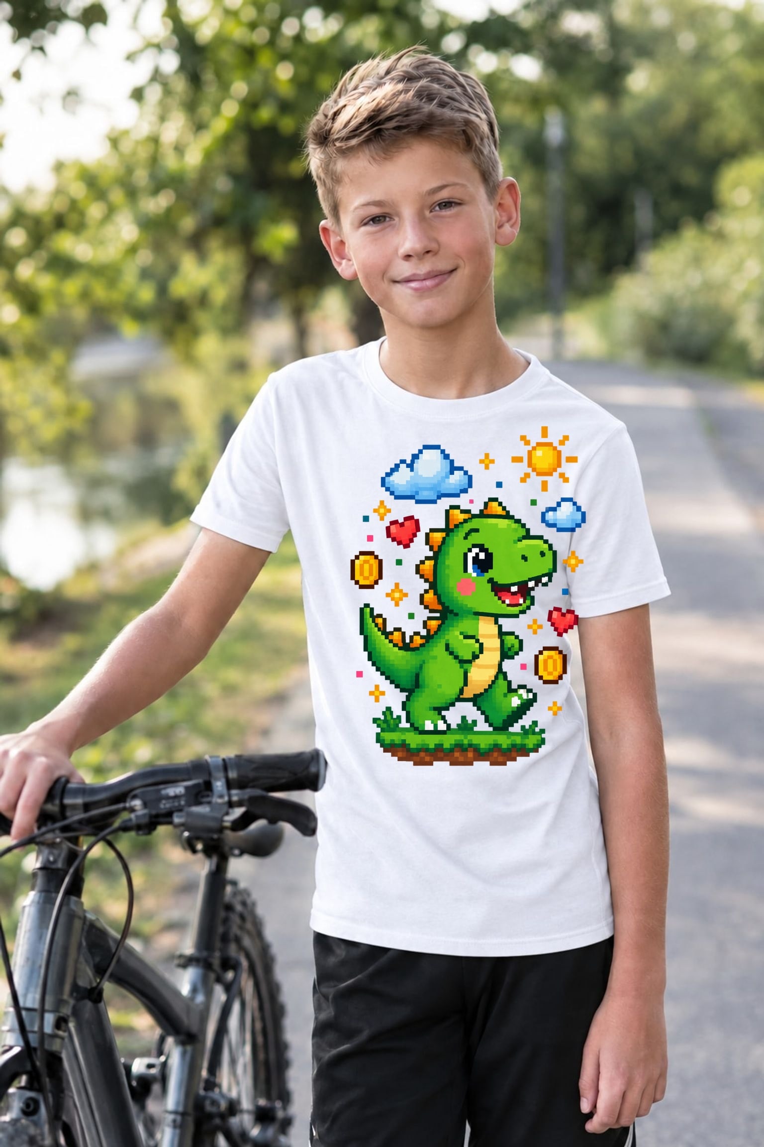 Koszulka z dinozaurem dla chłopca biała pixel art z chmurkami, zdjęcie 5