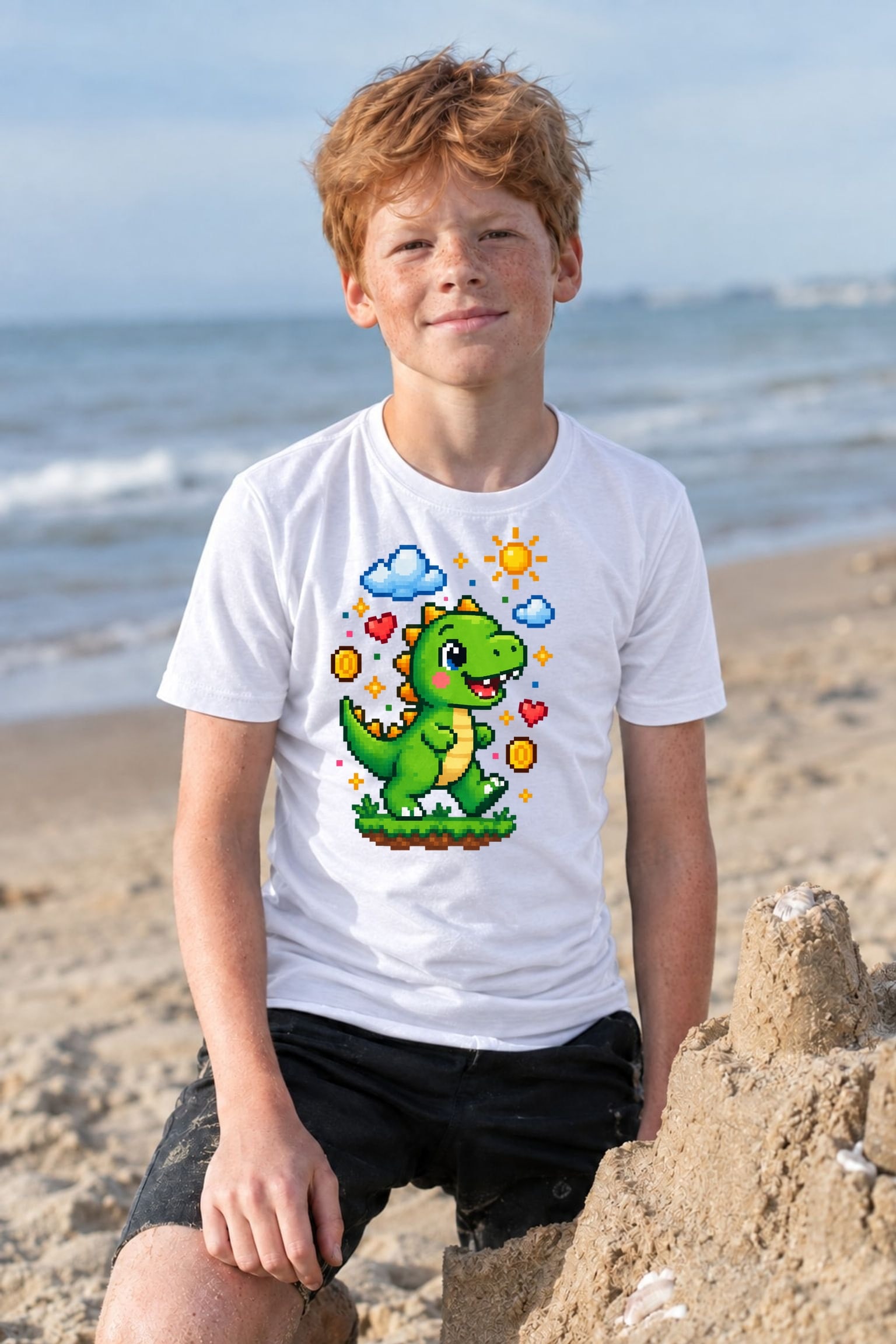 Koszulka z dinozaurem dla chłopca biała pixel art z chmurkami, zdjęcie 6