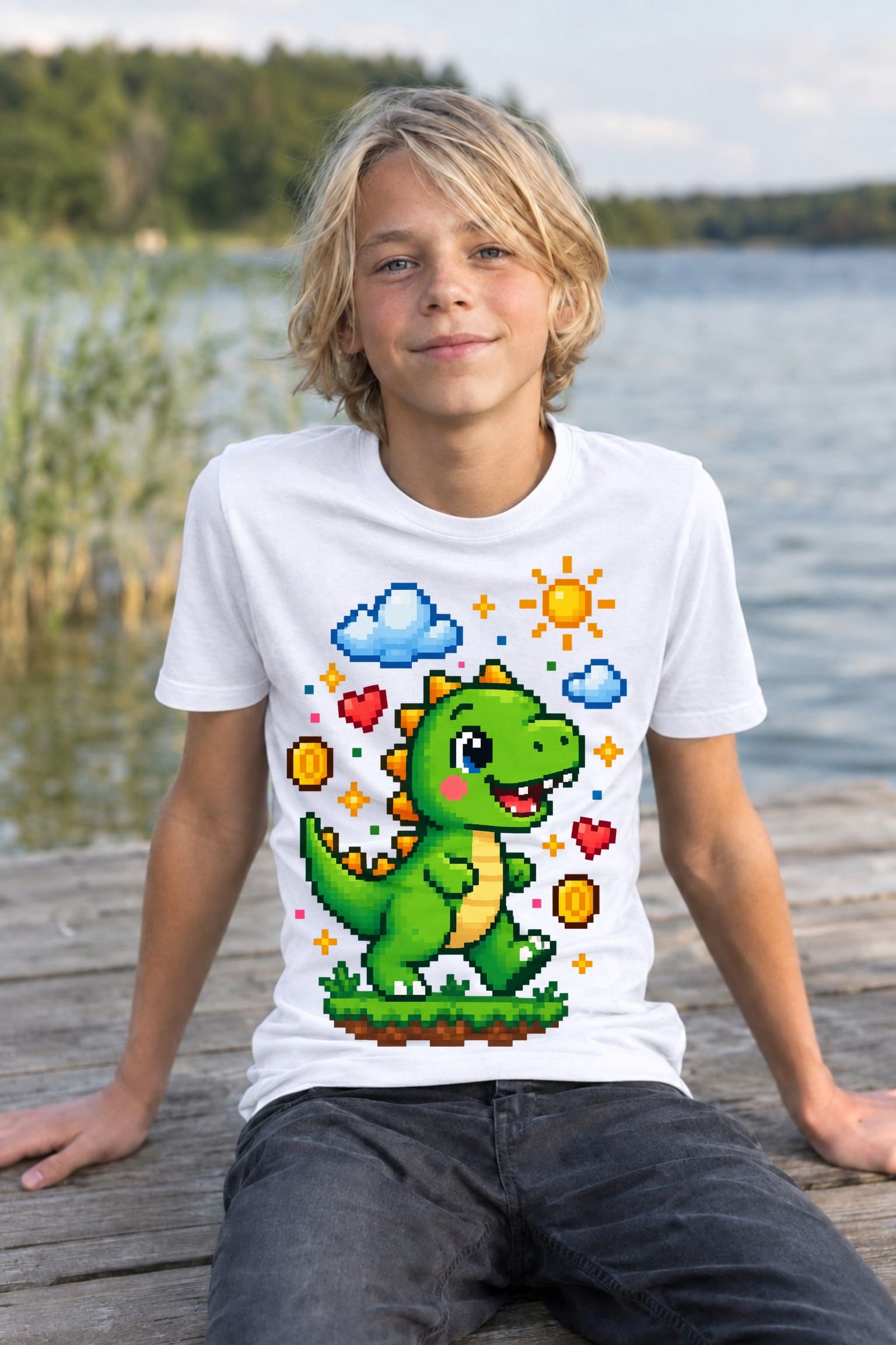 Koszulka z dinozaurem dla chłopca biała pixel art z chmurkami, zdjęcie 7