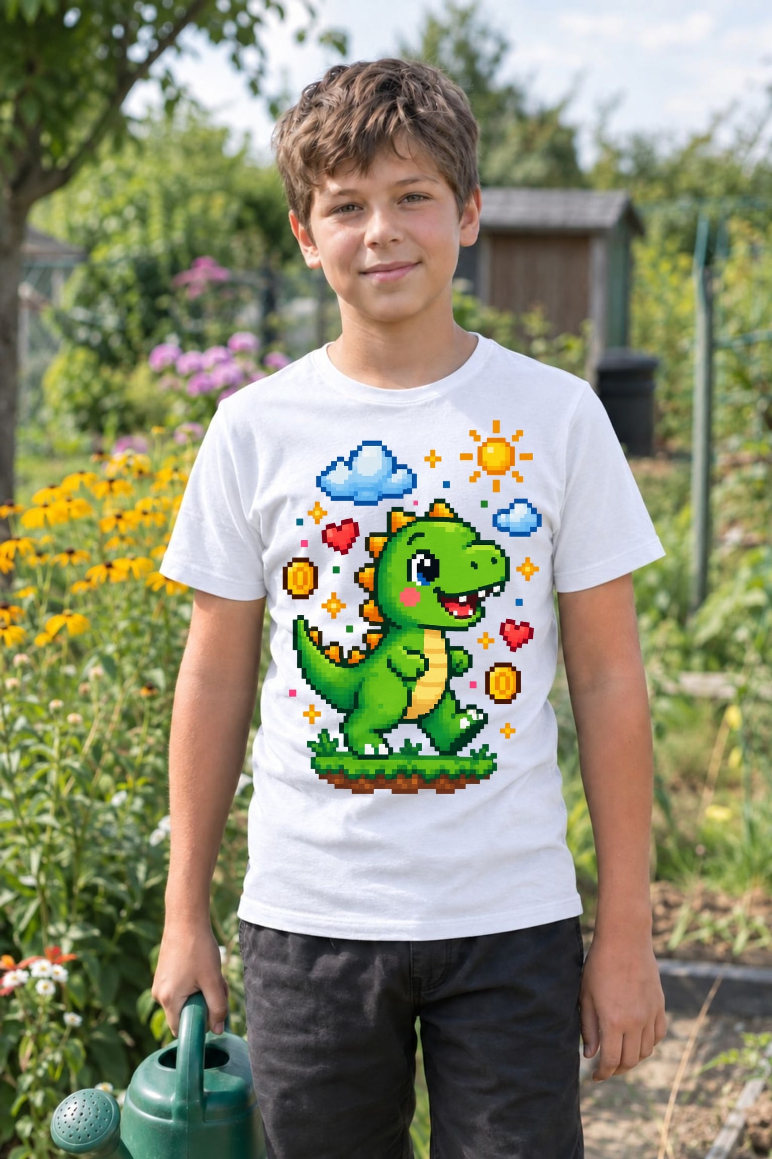 Koszulka z dinozaurem dla chłopca biała pixel art z chmurkami, zdjęcie 8