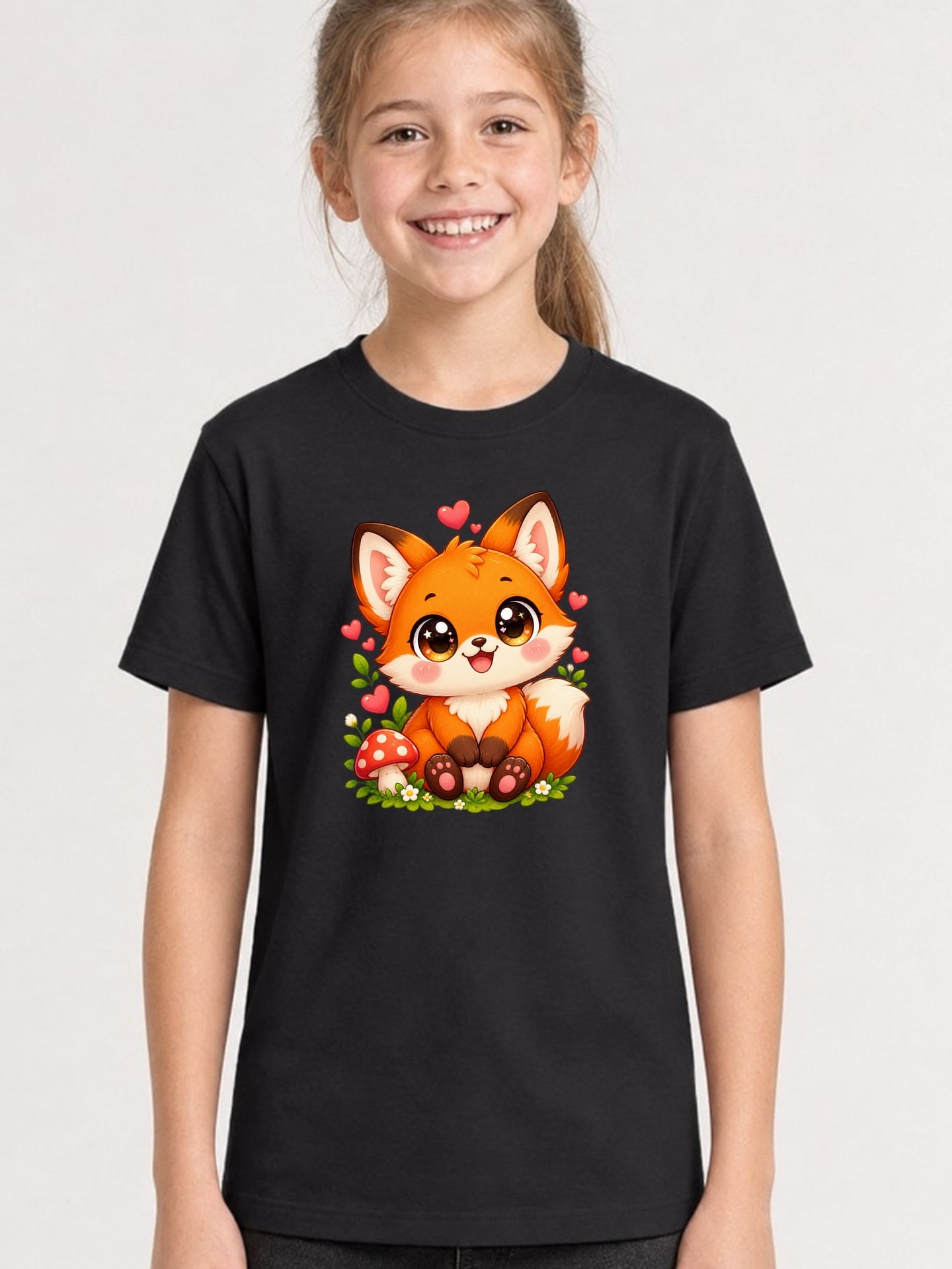 Koszulka z liskiem dla dziewczynki czarna słodki styl kawaii prezent