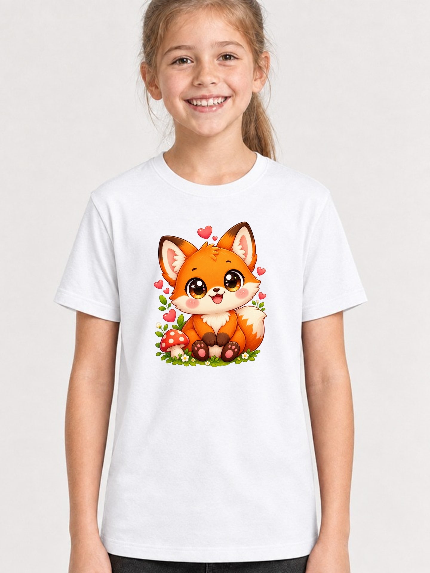 Koszulka z liskiem dla dziewczynki biała słodki styl kawaii dla dzieci, zdjęcie 1