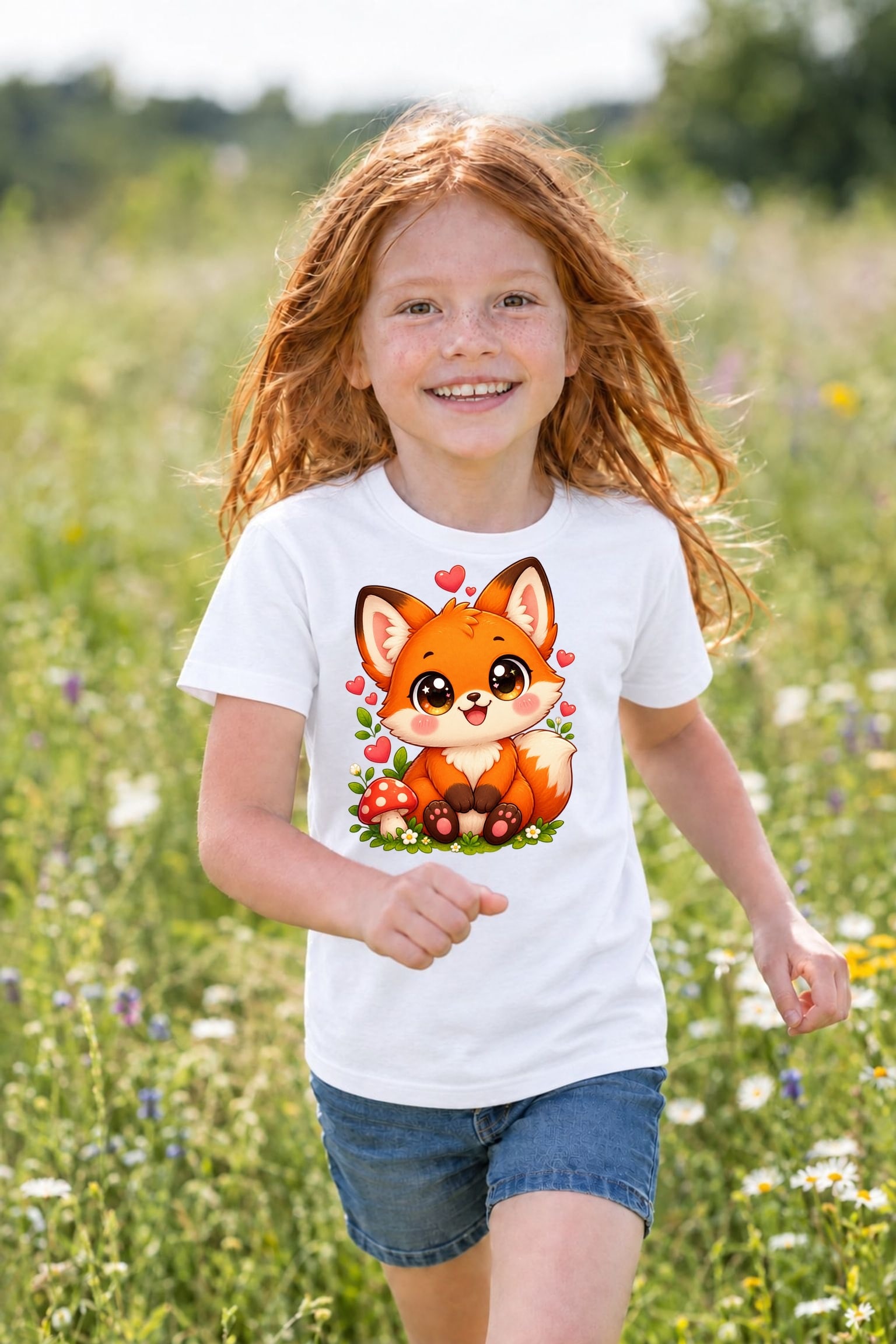 Koszulka z liskiem dla dziewczynki biała słodki styl kawaii dla dzieci, zdjęcie 7