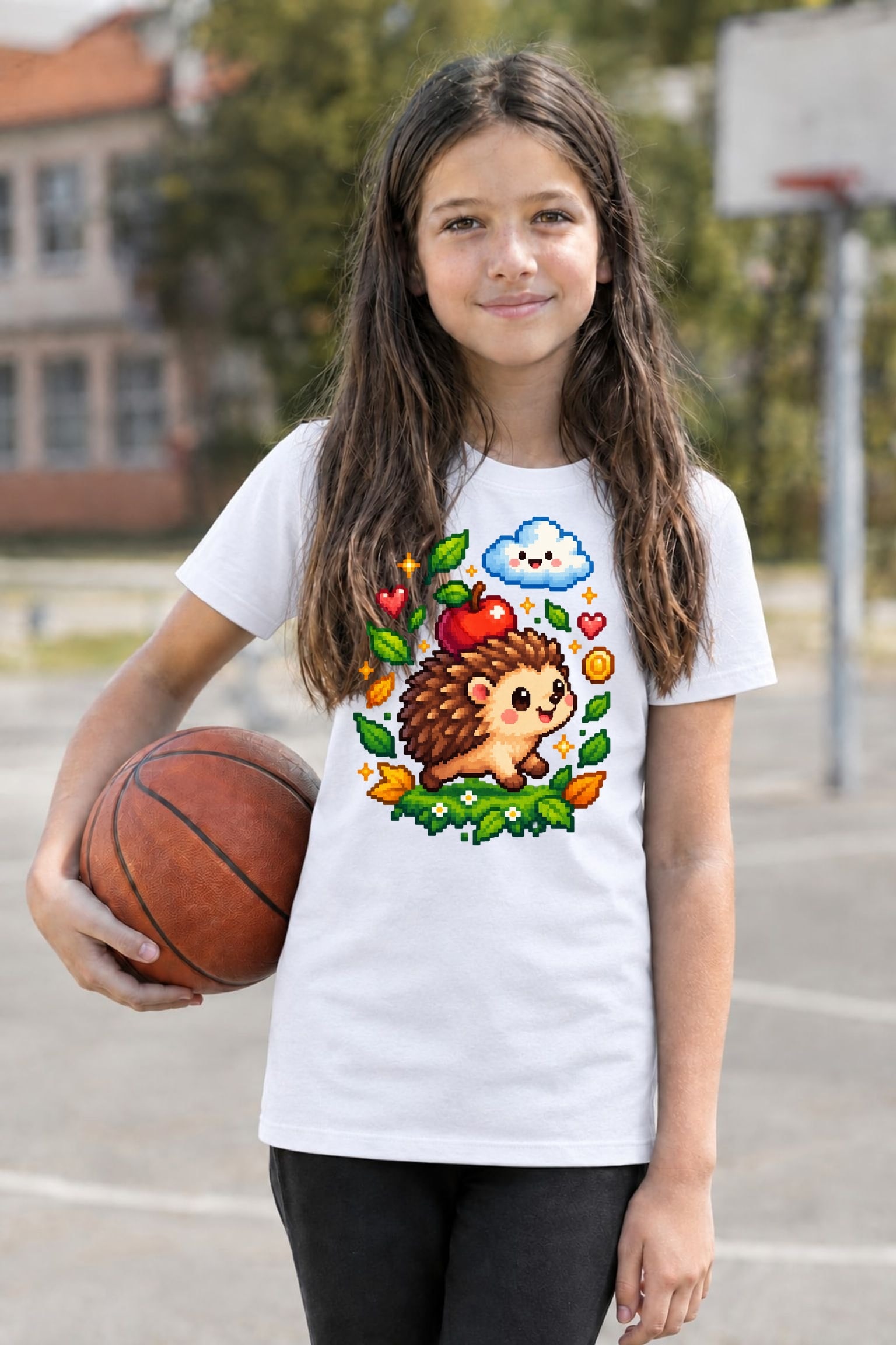 Koszulka z jeżem dla dzieci dla dziewczynki biała retro pixel art, zdjęcie 3