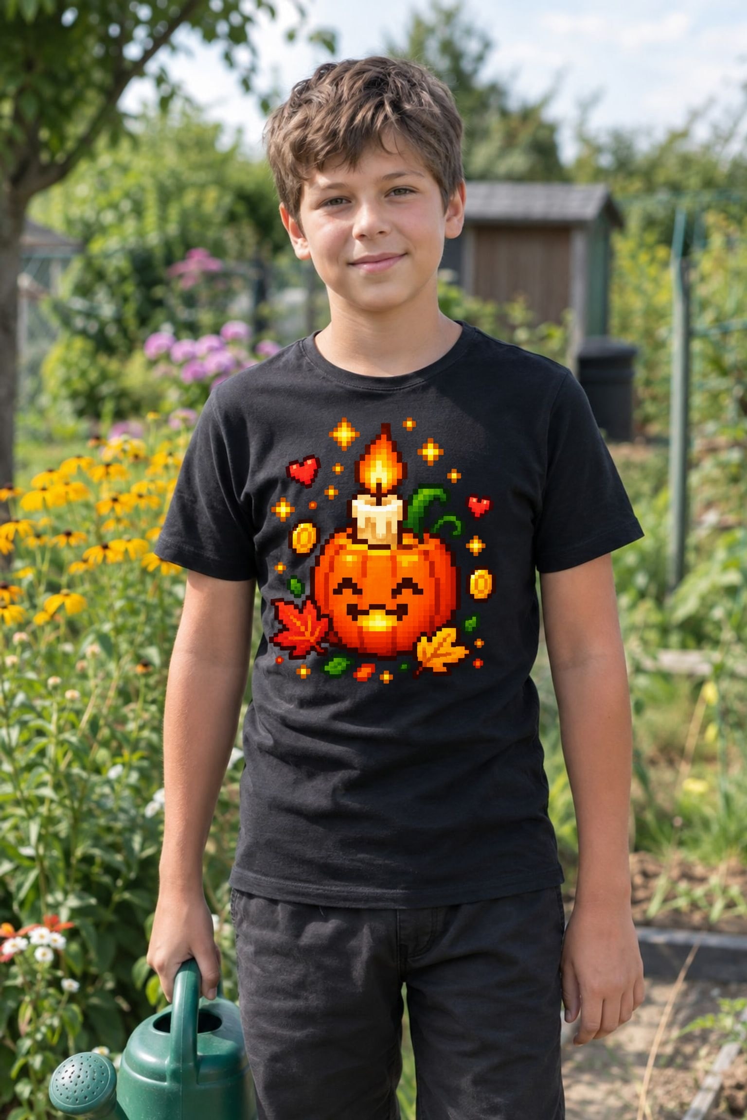 Koszulka dla chłopca z dynią czarna pixel art dla dzieci, zdjęcie 7
