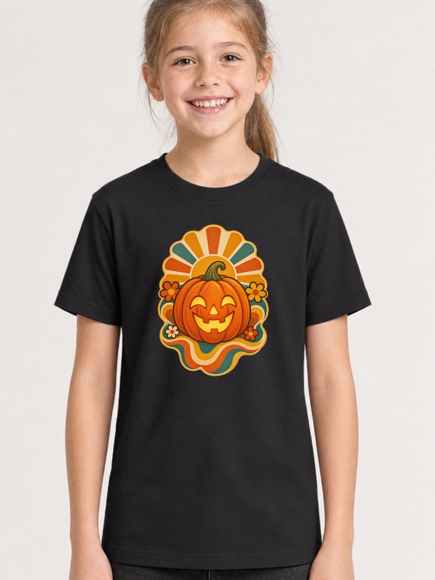 Koszulka z dynią halloweenową dla dziewczynki czarna styl retro lat 70