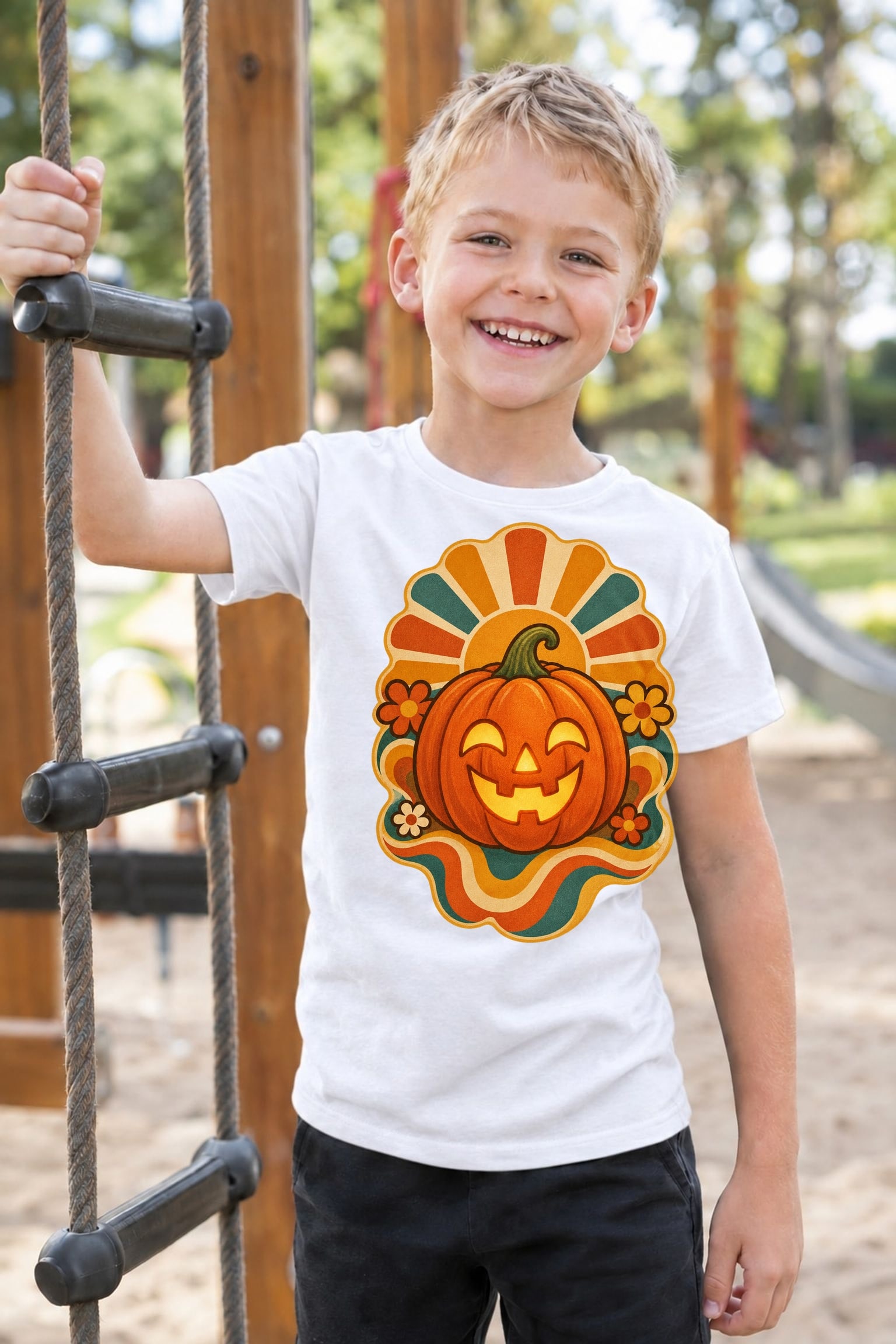 Koszulka z dynią halloweenową dla chłopca biała styl retro lat 70 prezent, zdjęcie 3