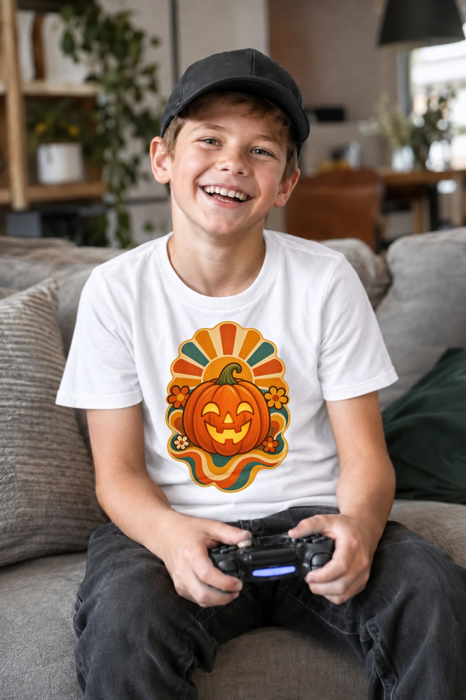 Koszulka z dynią halloweenową dla chłopca biała styl retro lat 70 prezent, zdjęcie 7