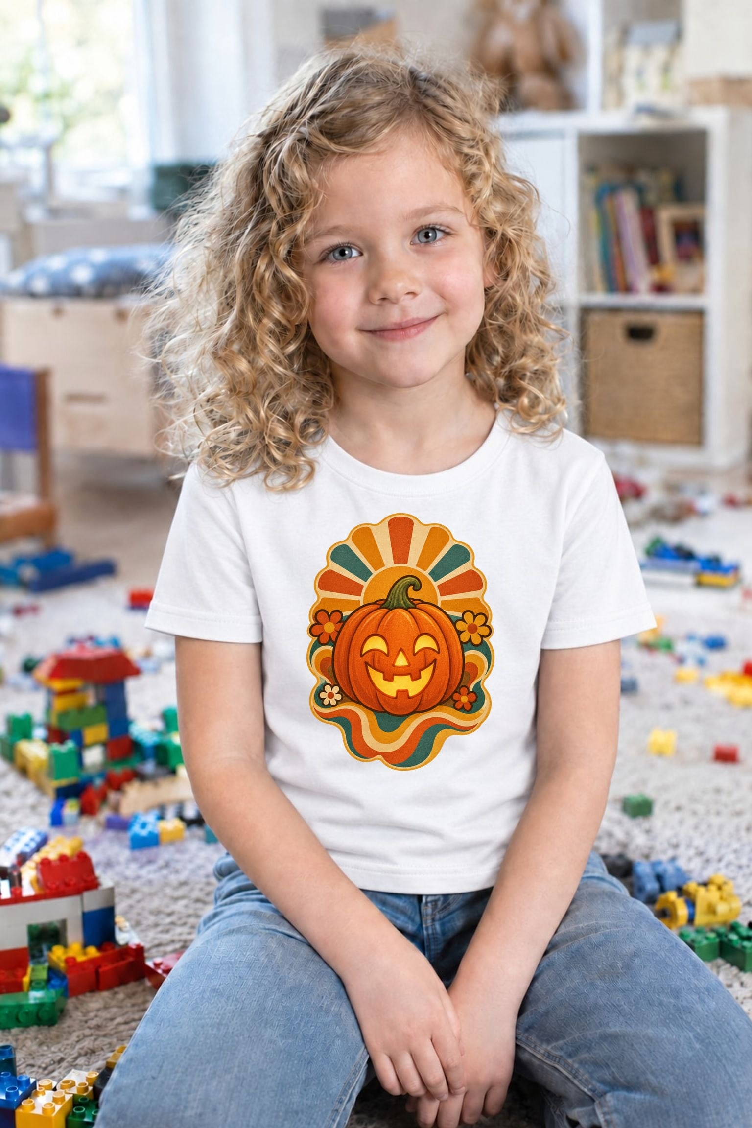 Koszulka z dynią halloweenową dla dziewczynki biała styl retro lat 70, zdjęcie 4