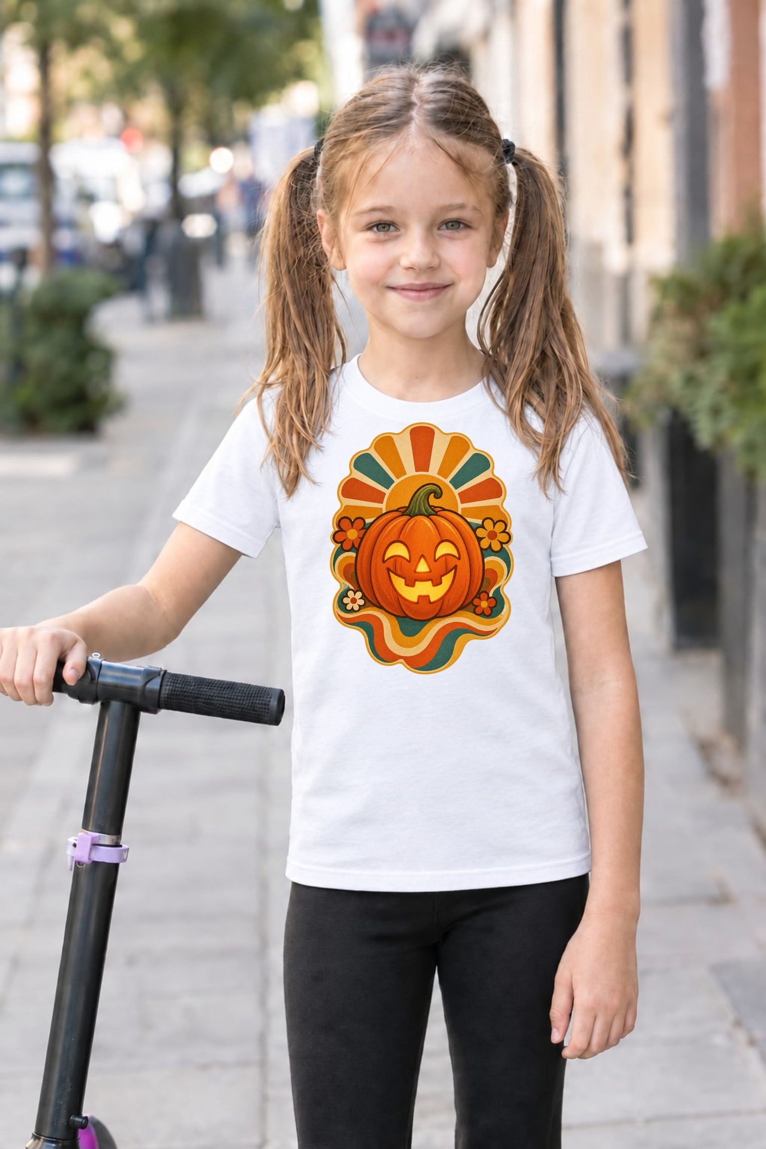 Koszulka z dynią halloweenową dla dziewczynki biała styl retro lat 70, zdjęcie 5