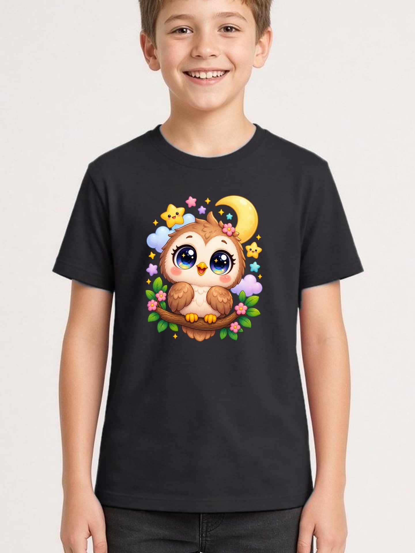 Koszulka z sową dla chłopca czarna słodki styl kawaii prezent