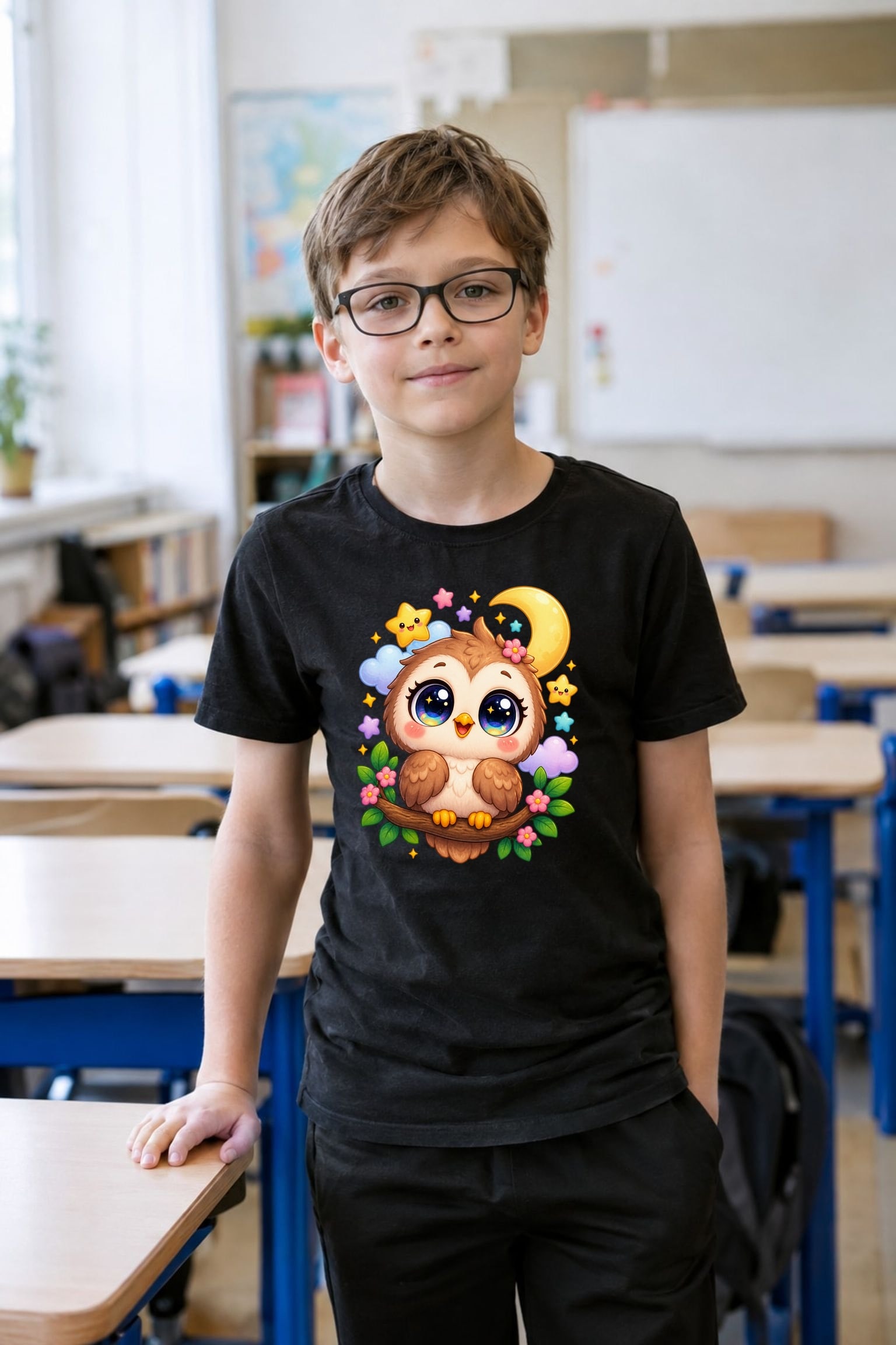 Koszulka z sową dla chłopca czarna słodki styl kawaii prezent, zdjęcie 3