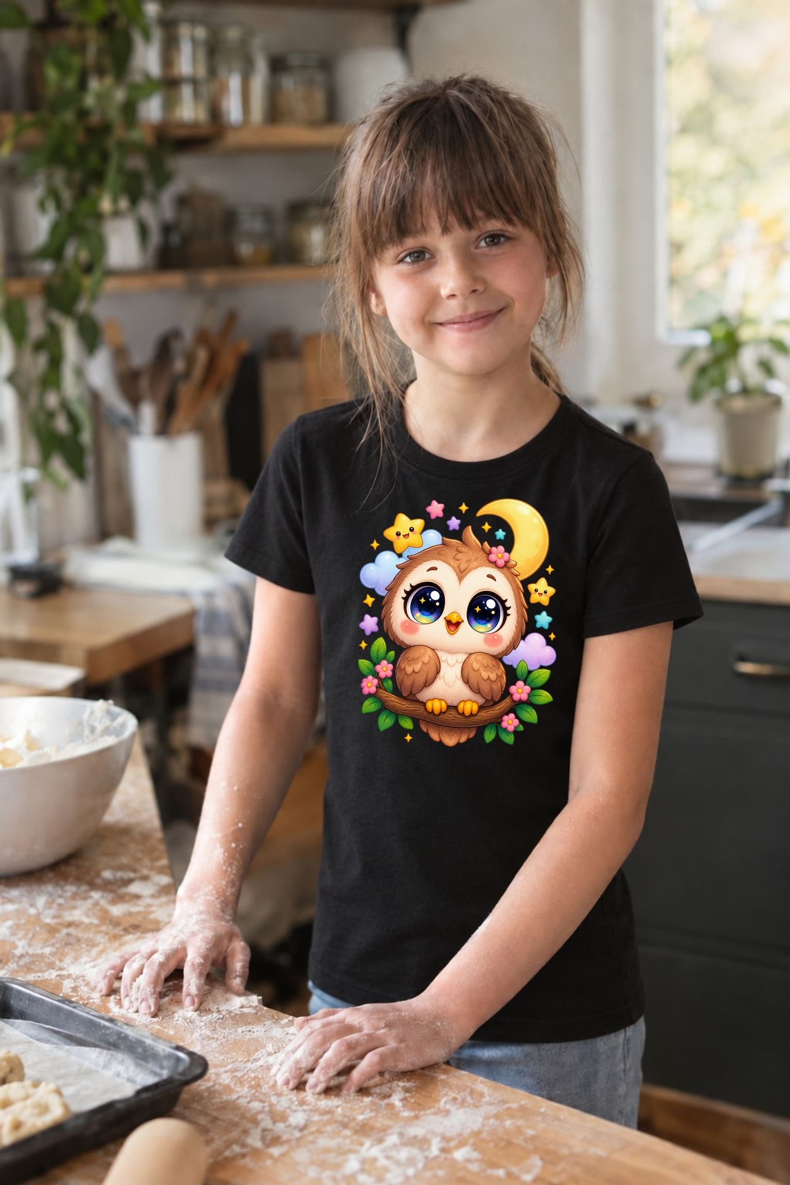 Koszulka z sową dla dziewczynki czarna słodki styl kawaii prezent, zdjęcie 6