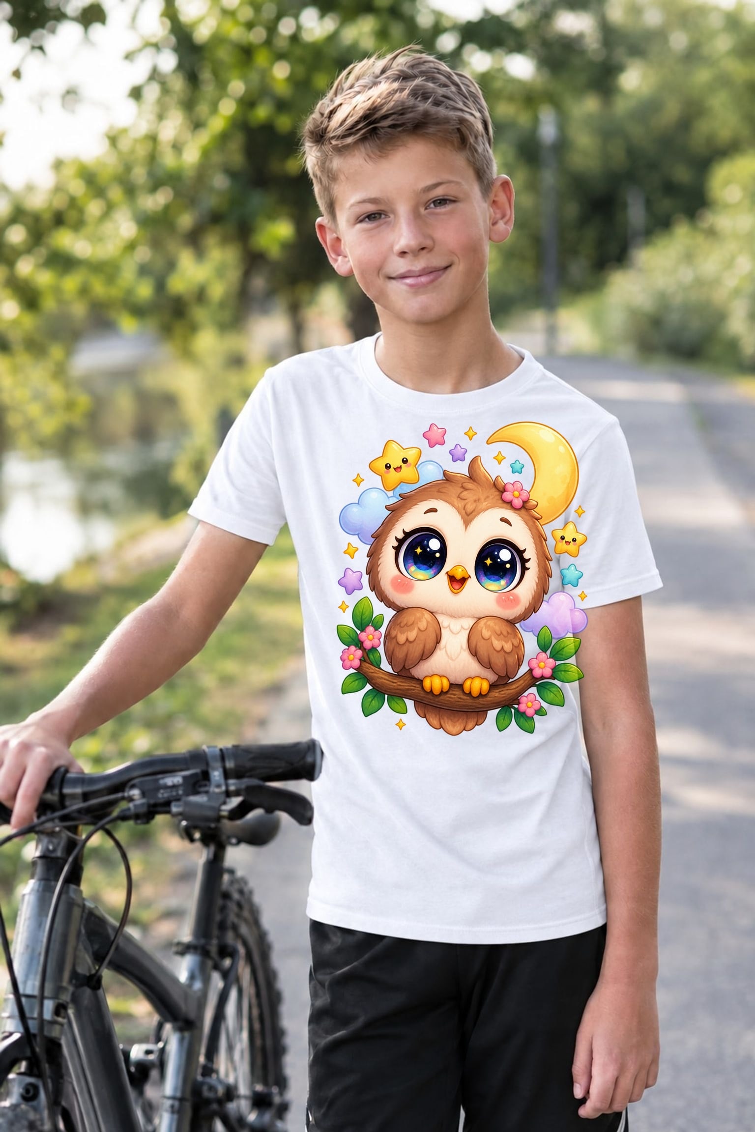 Koszulka z sową dla chłopca biała słodki styl kawaii dla dzieci, zdjęcie 4